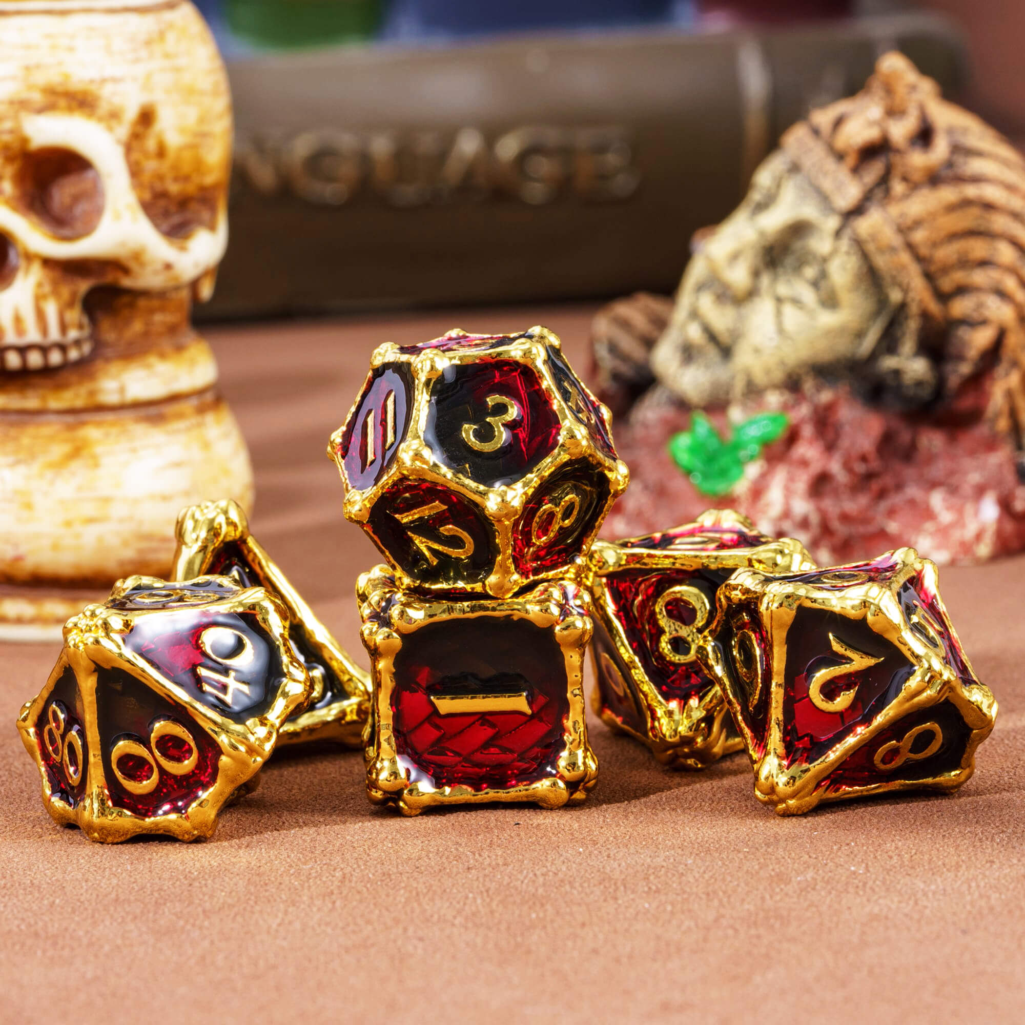 7 Polyhedral Dragon Bones Metal Dice Sets D And D Black Red - Dice of Dragons