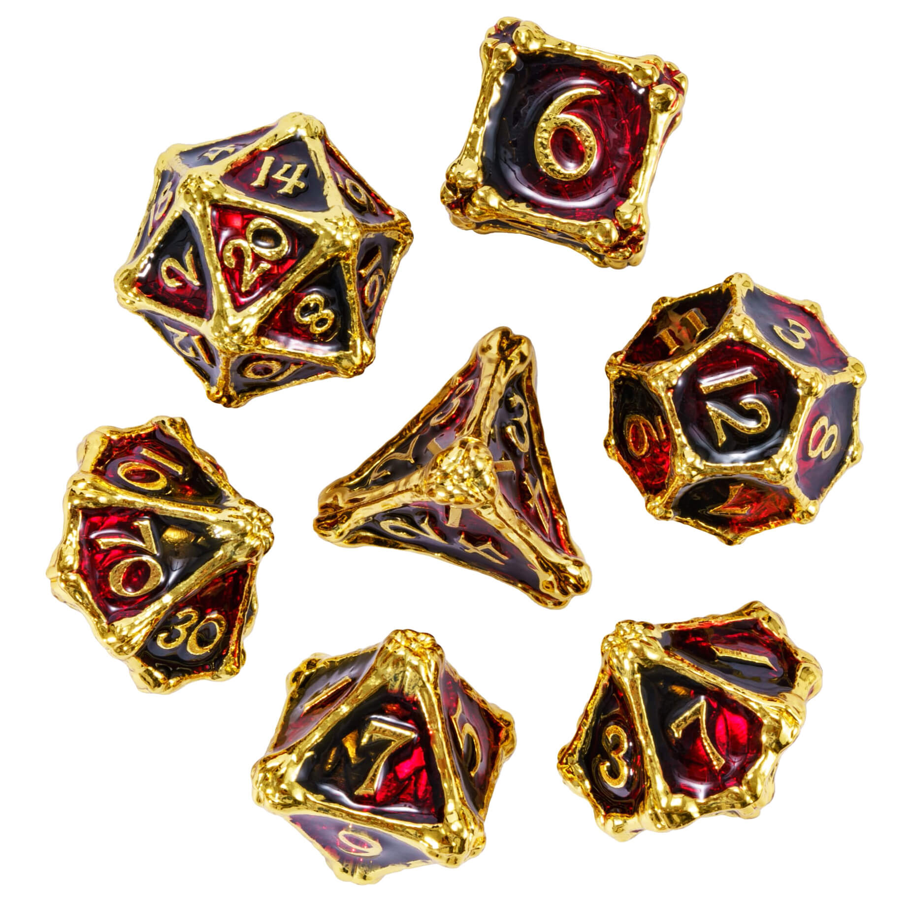 7 Polyhedral Dragon Bones Metal Dice Sets D And D Black Red - Dice of Dragons