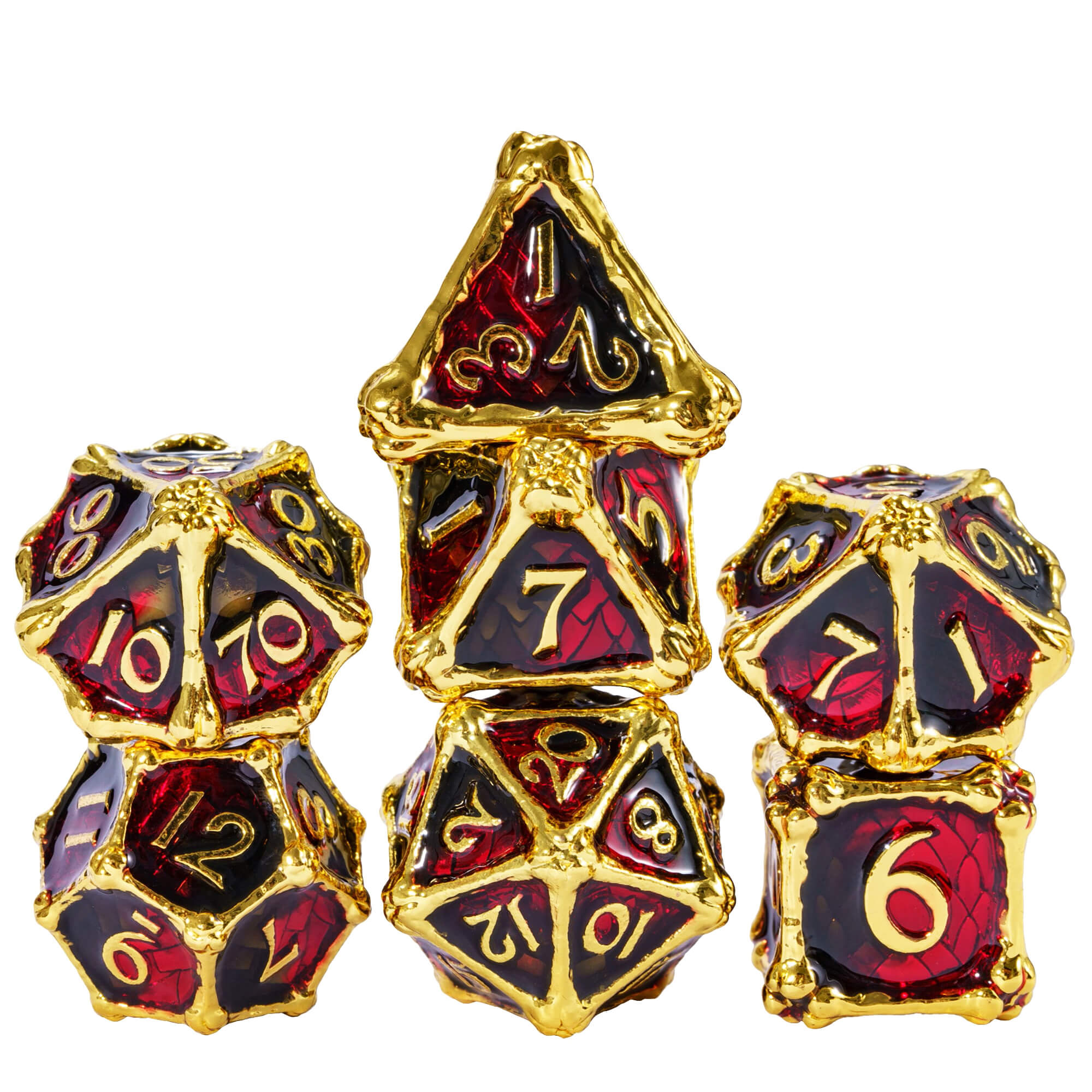 7 Polyhedral Dragon Bones Metal Dice Sets D And D Black Red - Dice of Dragons