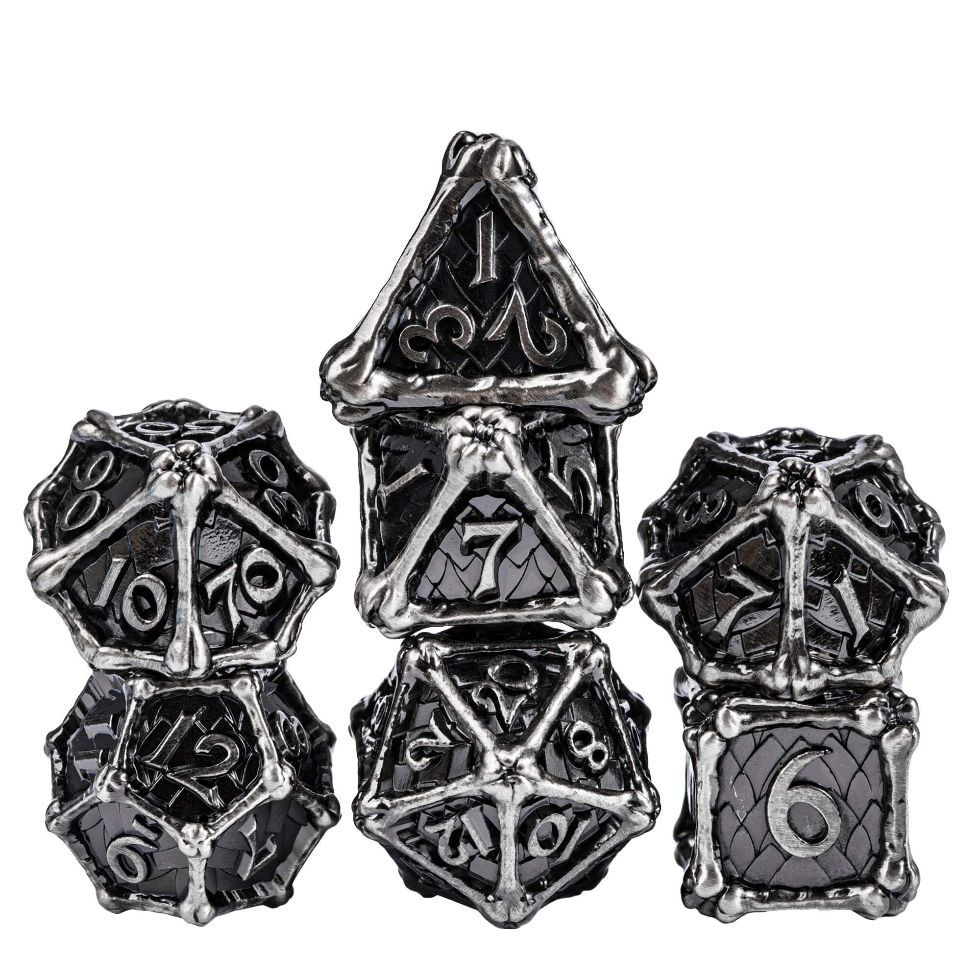 7 Polyhedral Dragon Bones Metal D&D Dice Set Nickel - Dice of Dragons