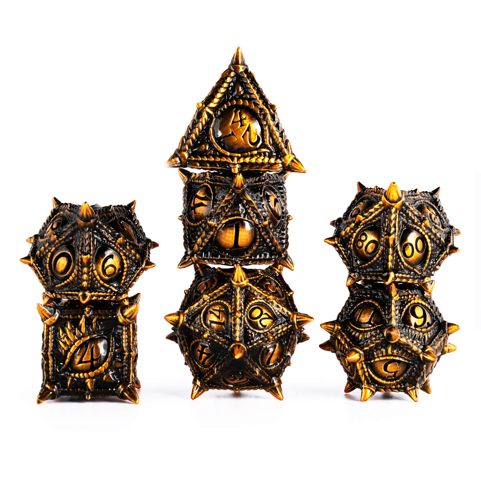 7 Polyhedral Dragon Eye Metal Dice Sets DnD - Antique Gold - Dice of Dragons