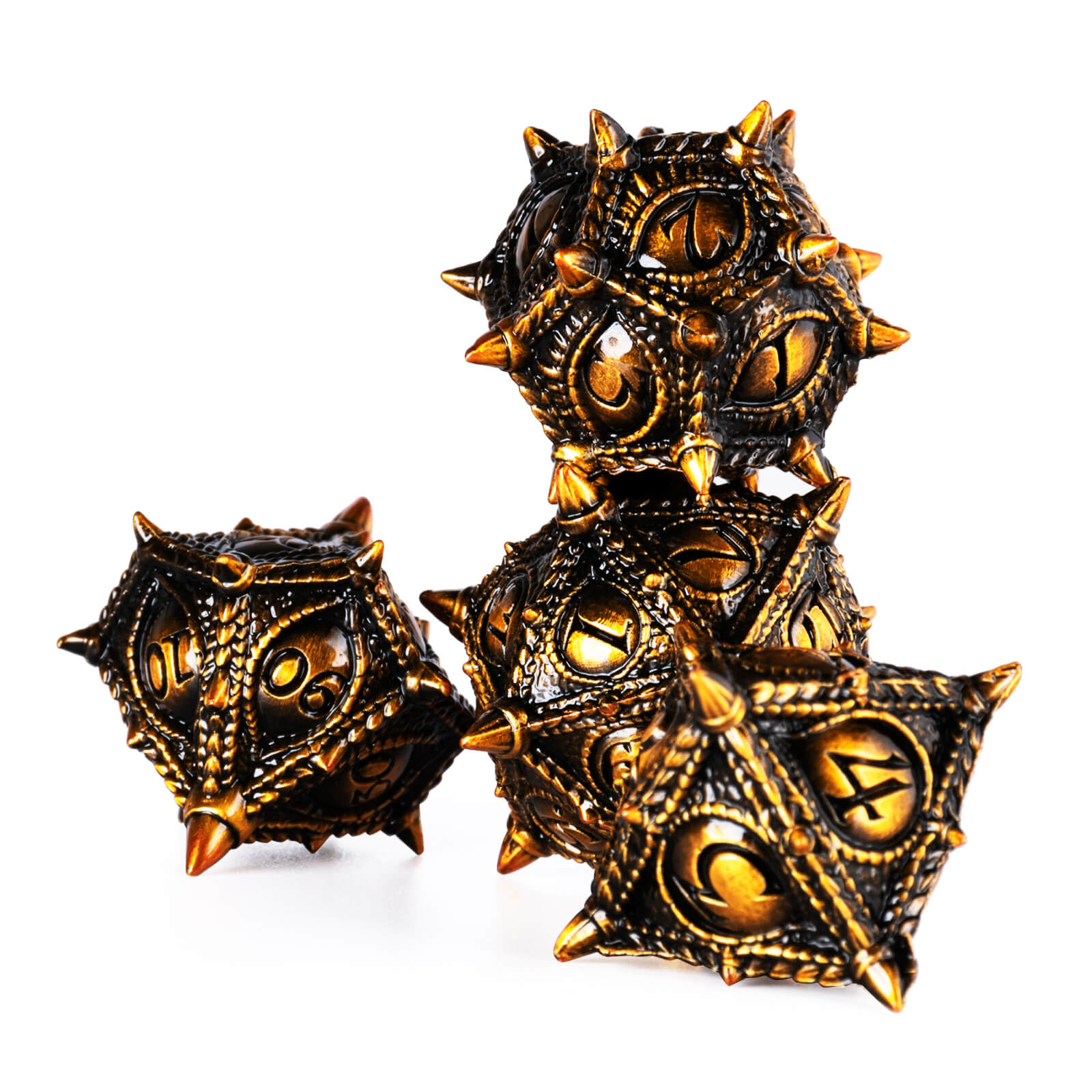 7 Polyhedral Dragon Eye Metal Dice Sets DnD - Antique Gold - Dice of Dragons