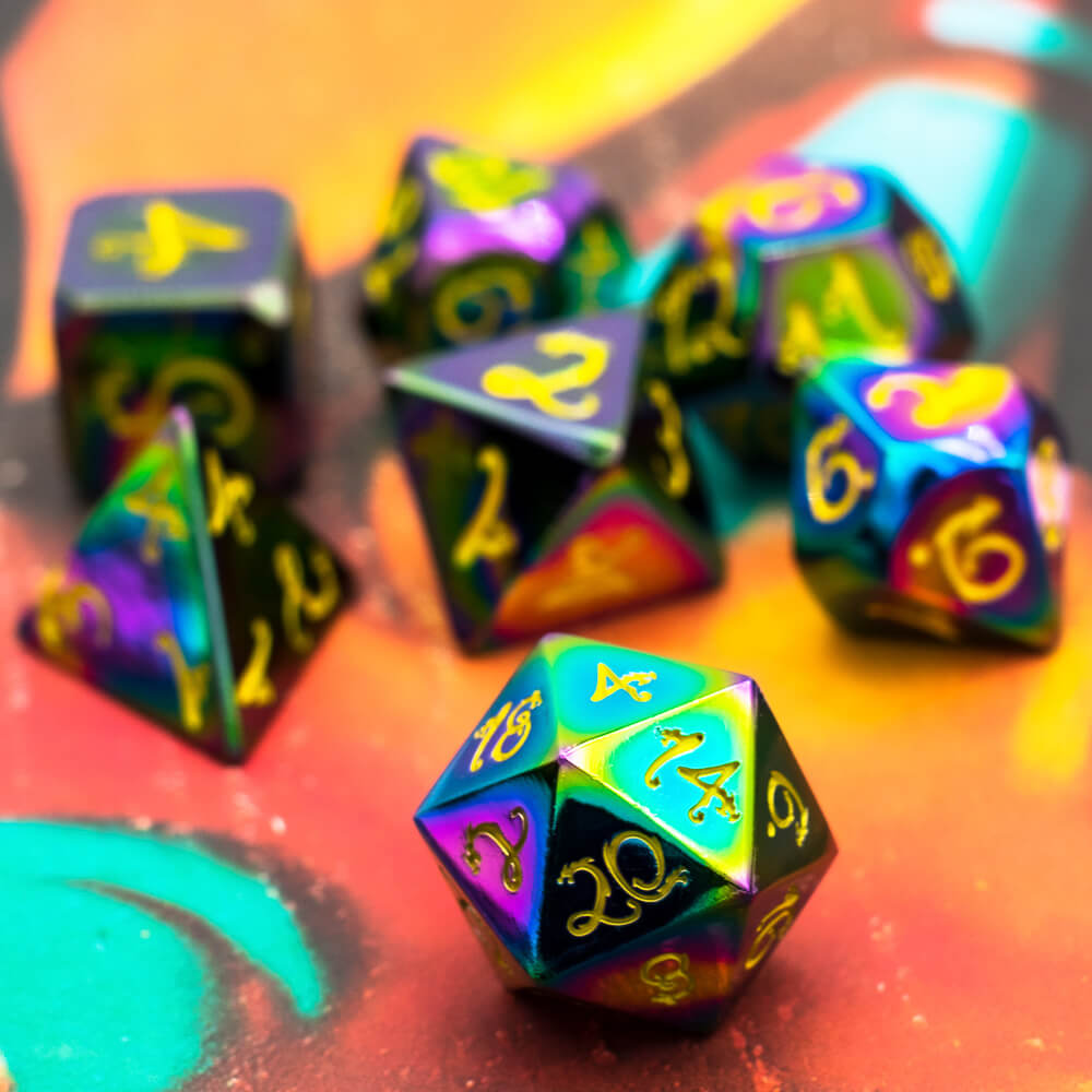 7 Polyhedral Dragon Font Metal DD Dice Sets Colorful Yellow - Dice of Dragons