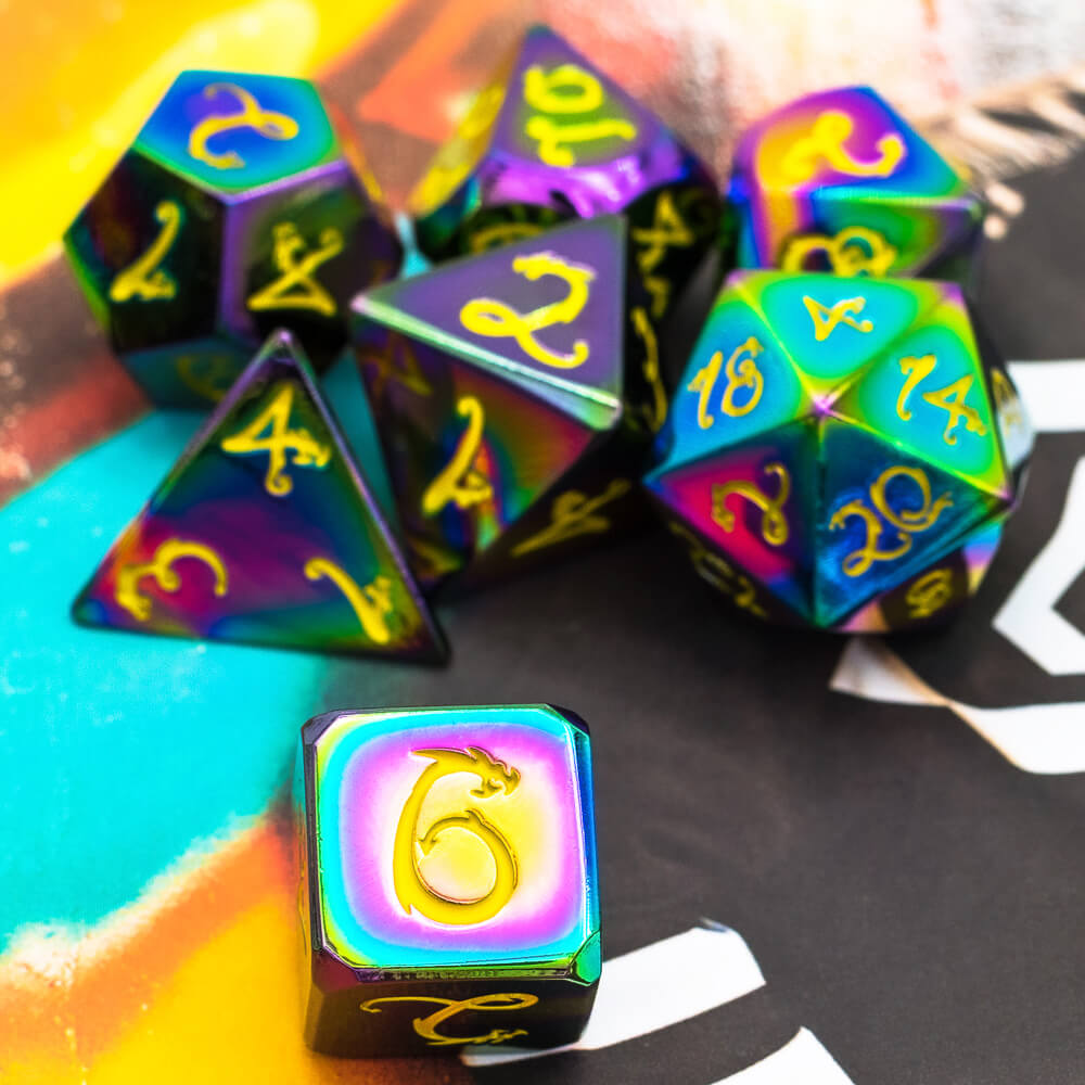 7 Polyhedral Dragon Font Metal DD Dice Sets Colorful Yellow - Dice of Dragons