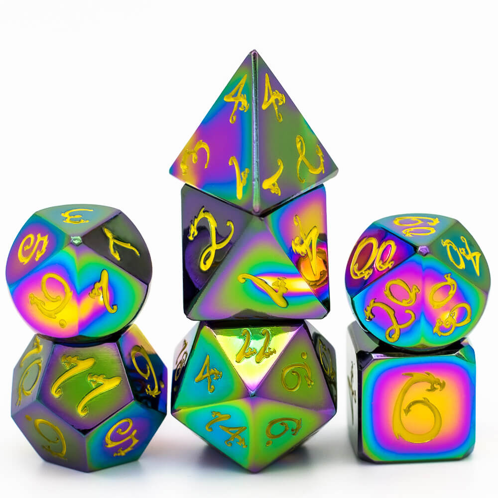 7 Polyhedral Dragon Font Metal DD Dice Sets Colorful Yellow - Dice of Dragons