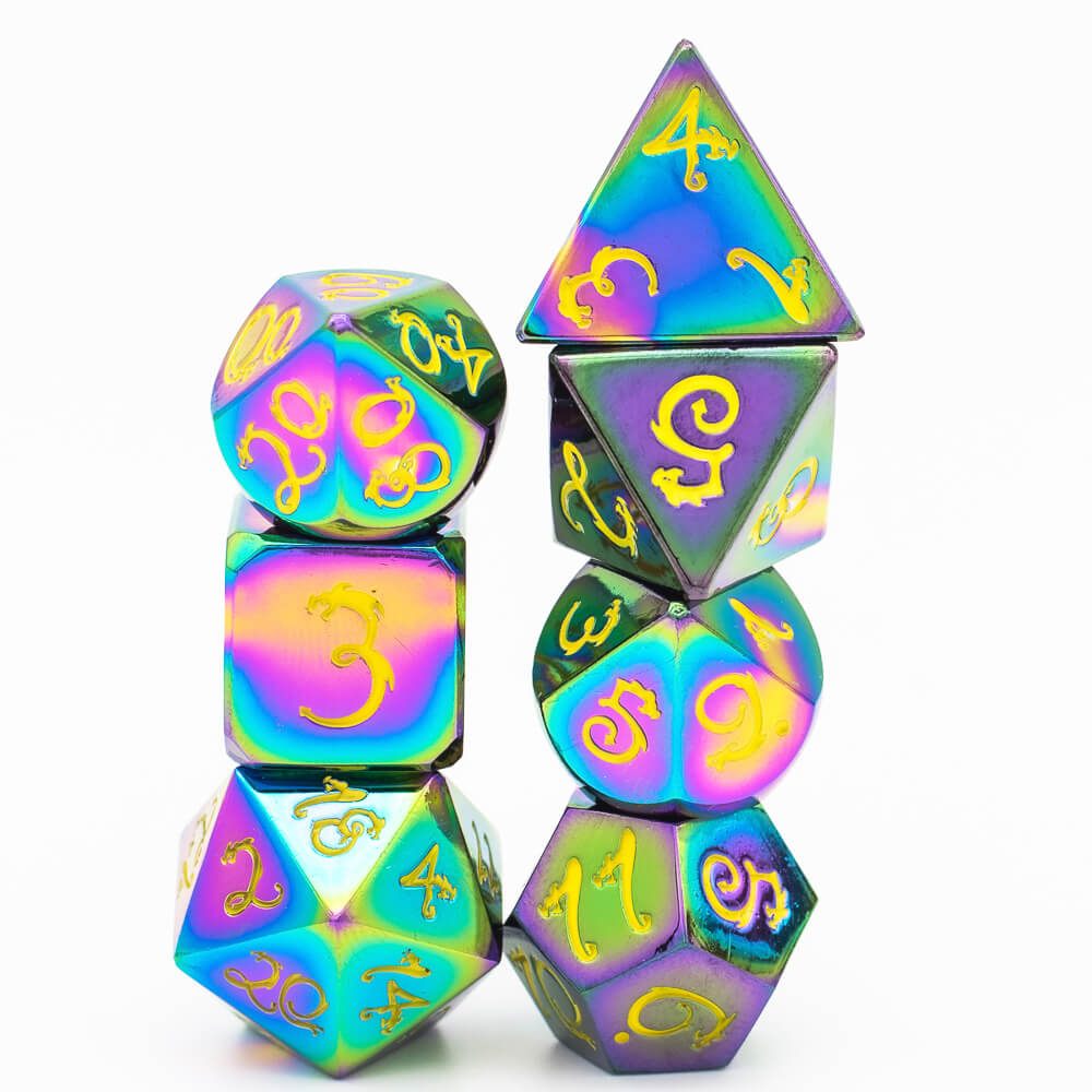 7 Polyhedral Dragon Font Metal DD Dice Sets Colorful Yellow - Dice of Dragons