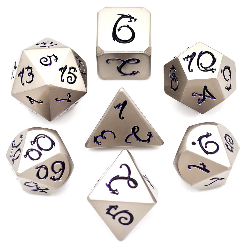 7 Polyhedral Dragon Font Metal Dice Set DD Nickel Purple - Dice of Dragons