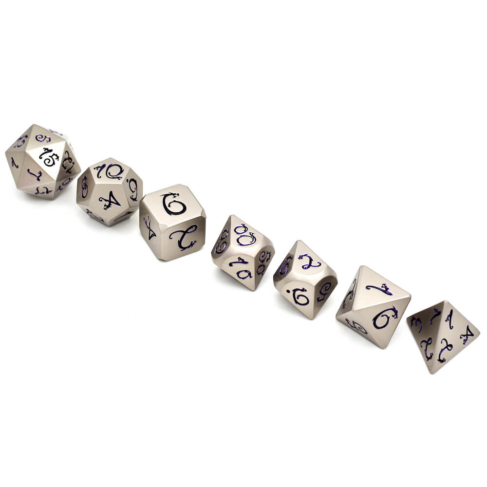 7 Polyhedral Dragon Font Metal Dice Set DD Nickel Purple - Dice of Dragons