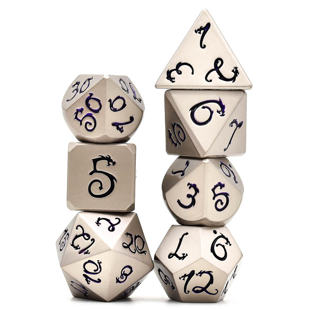 7 Polyhedral Dragon Font Metal Dice Set DD Nickel Purple - Dice of Dragons