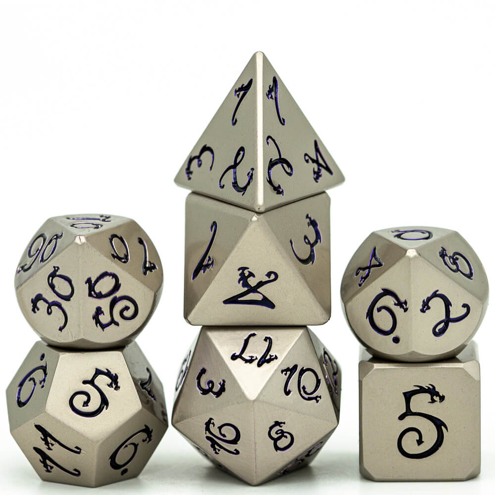 7 Polyhedral Dragon Font Metal Dice Set DD Nickel Purple - Dice of Dragons