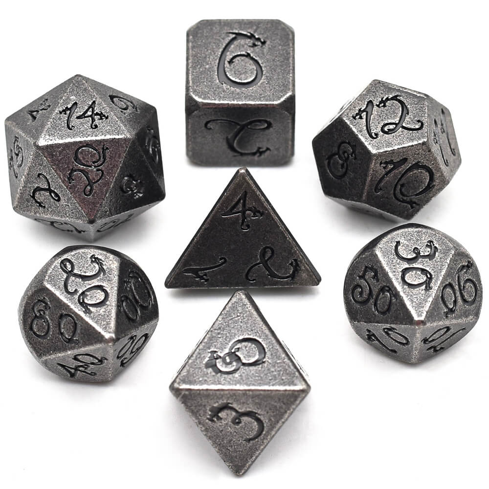 7 Polyhedral Dragon Font Metal Dice Sets DnD Silver - Dice of Dragons