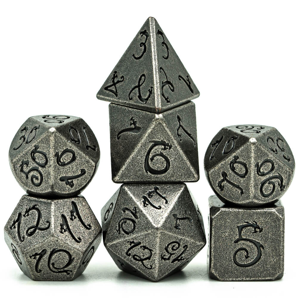 7 Polyhedral Dragon Font Metal Dice Sets DnD Silver - Dice of Dragons