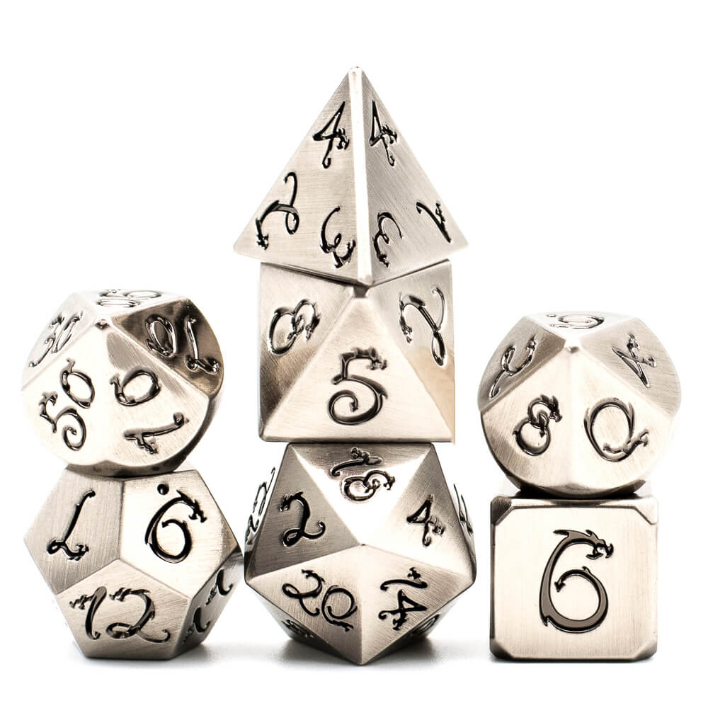 7 Polyhedral Dragon Font Metal D&D Dice Set Nickel - Dice of Dragons