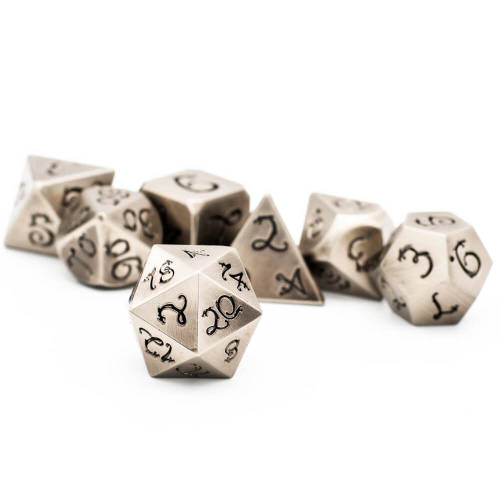 7 Polyhedral Dragon Font Metal D&D Dice Set Nickel - Dice of Dragons