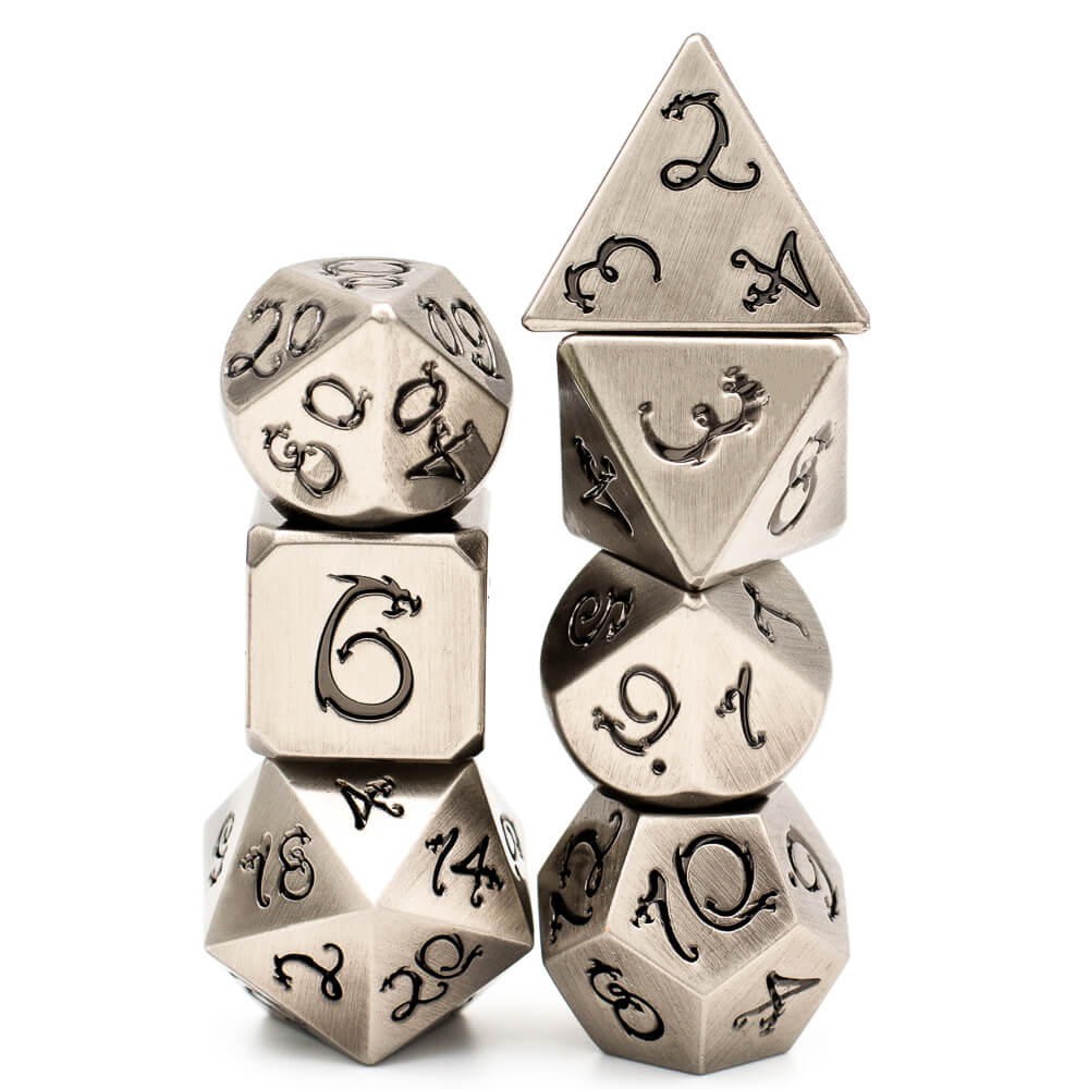 7 Polyhedral Dragon Font Metal D&D Dice Set Nickel - Dice of Dragons