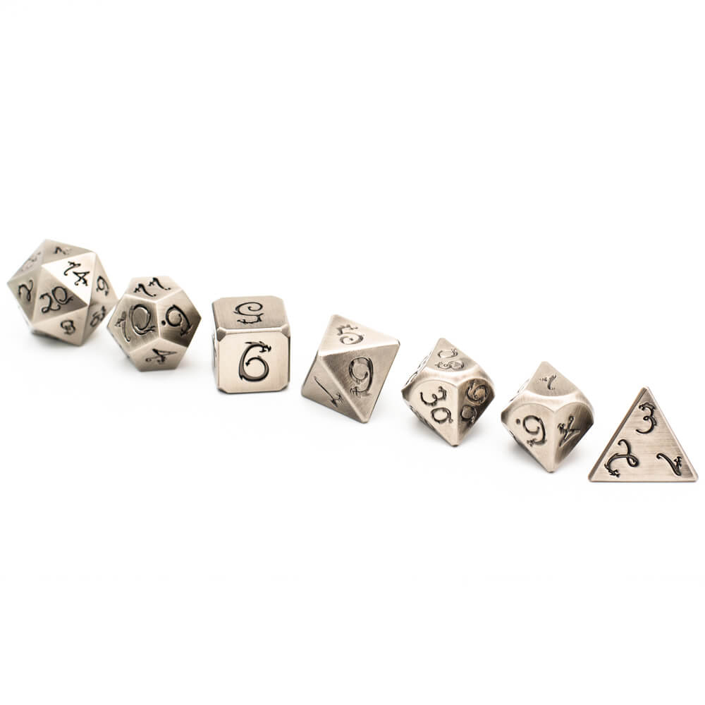 7 Polyhedral Dragon Font Metal D&D Dice Set Nickel - Dice of Dragons