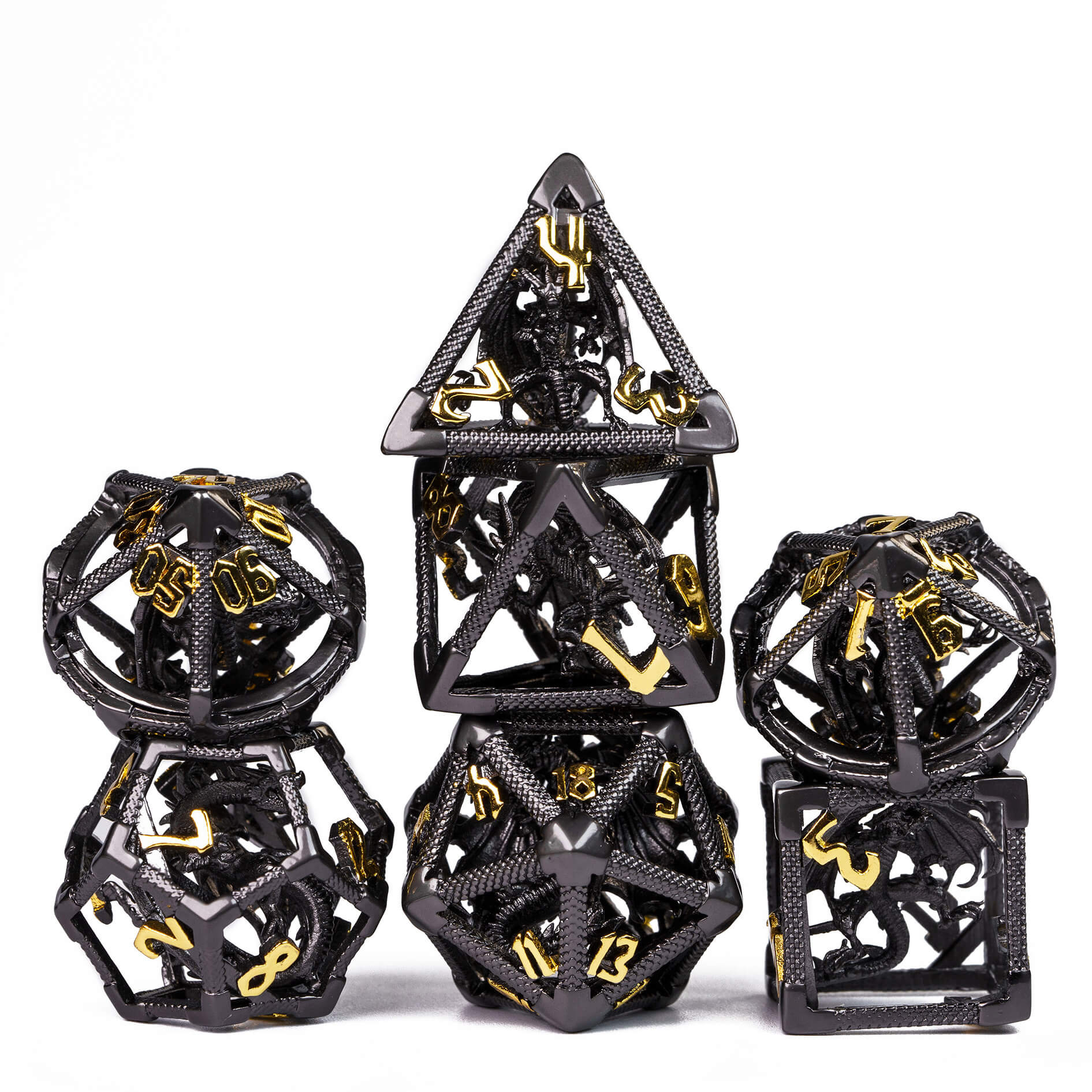 7 Polyhedral Dragon Hollow Metal Dice Set DD Black Gold - Dice of Dragons