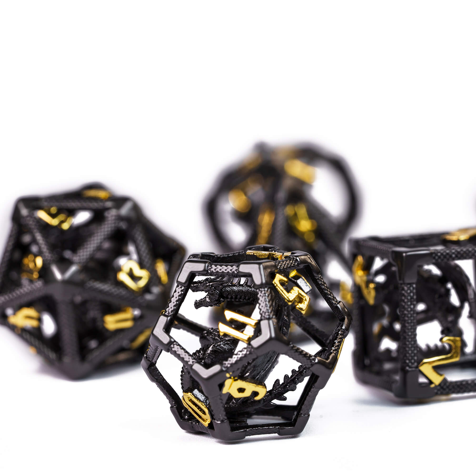 7 Polyhedral Dragon Hollow Metal Dice Set DD Black Gold - Dice of Dragons