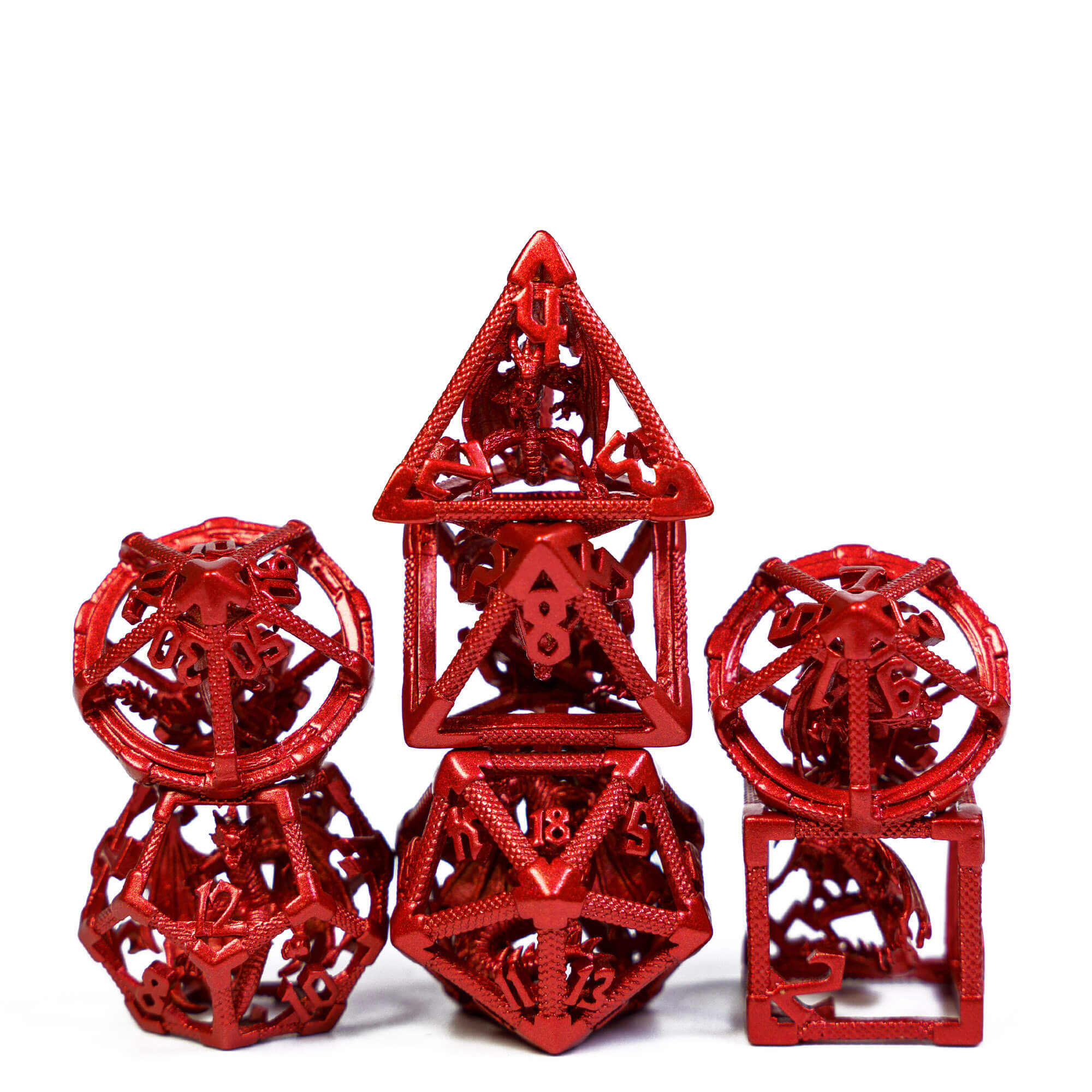 7 Polyhedral Dragon Hollow Metal Dice Sets D And D Red - Dice of Dragons