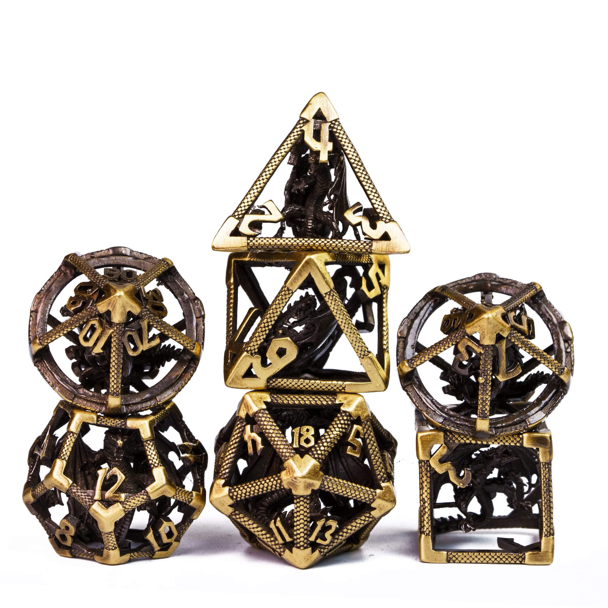 7 Polyhedral Dragon Hollow Metal Dice Sets DnD Bronze - Dice of Dragons