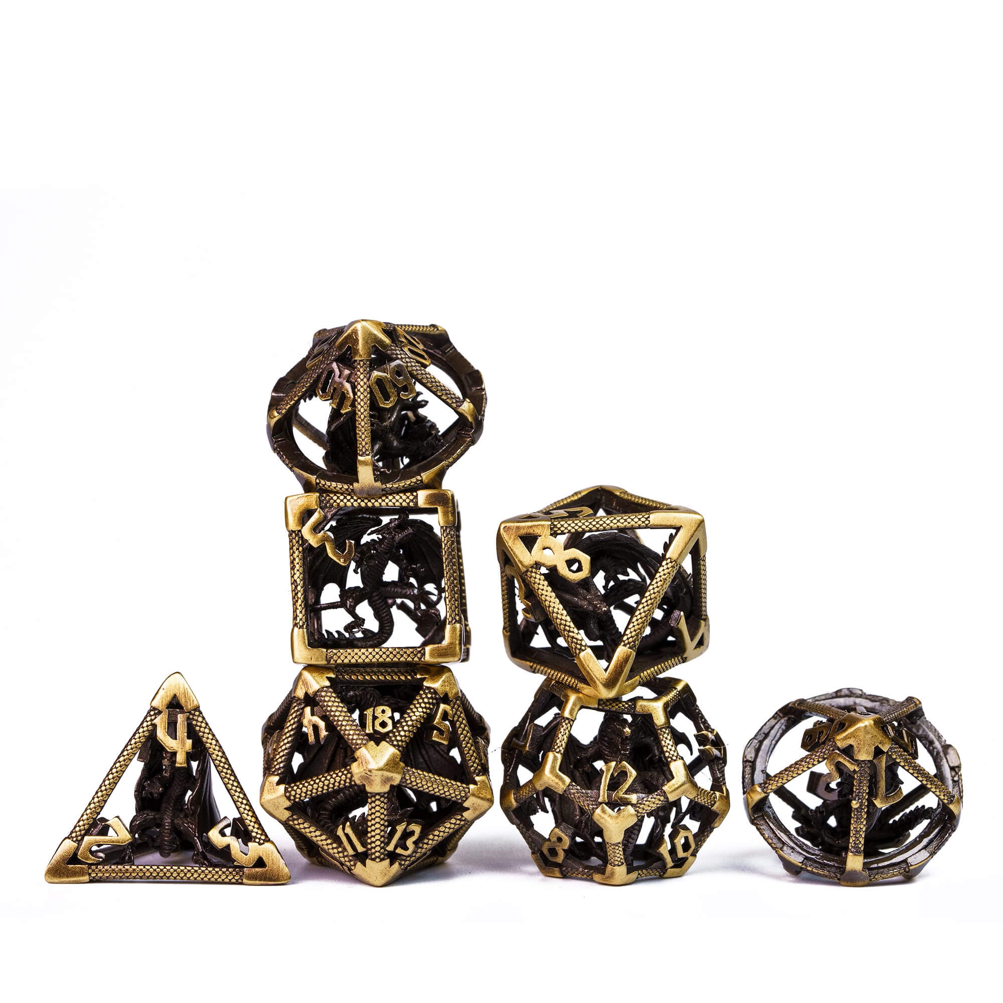 7 Polyhedral Dragon Hollow Metal Dice Sets DnD Bronze - Dice of Dragons