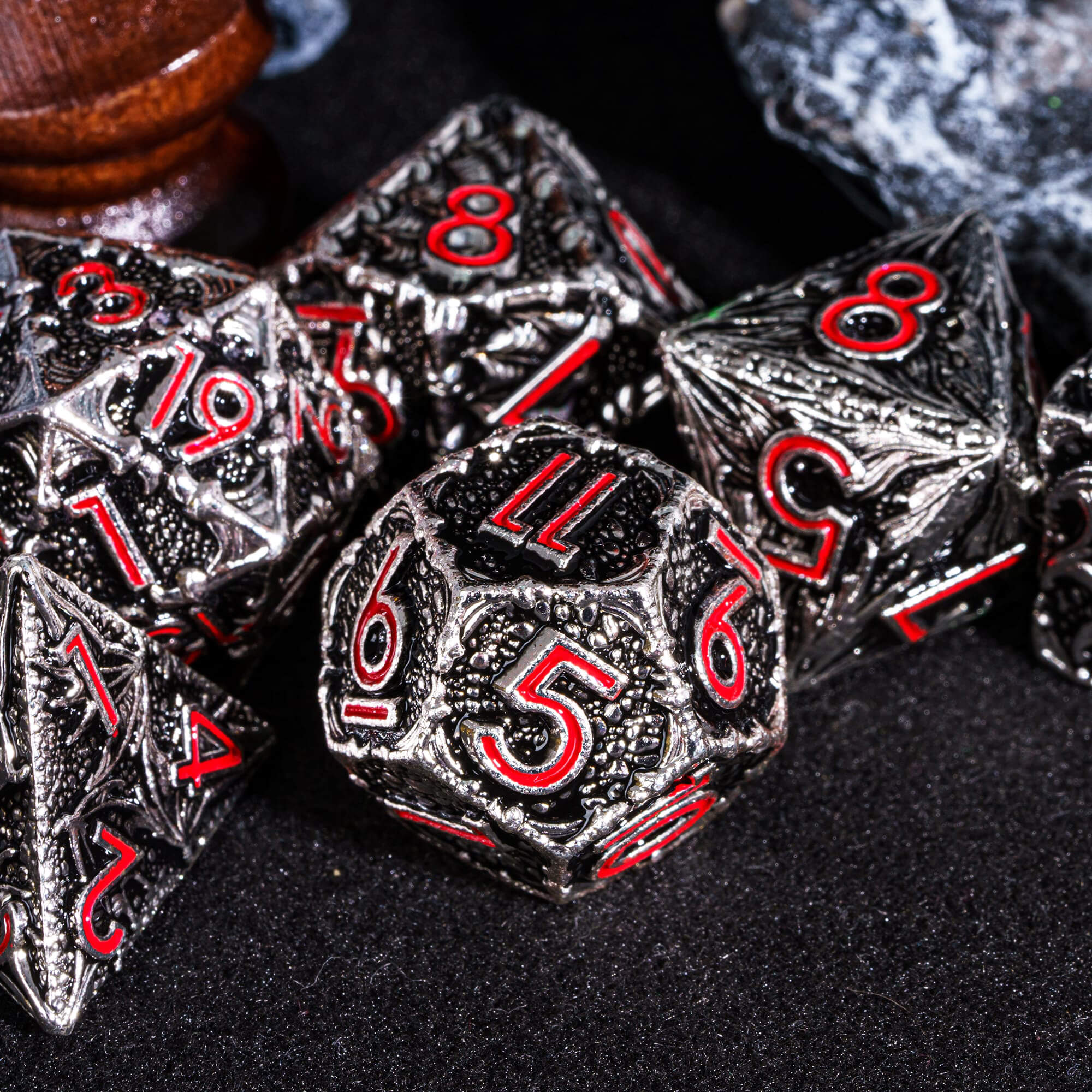 7 Polyhedral Dragon Metal Dice Set DD Black Red - Dice of Dragons