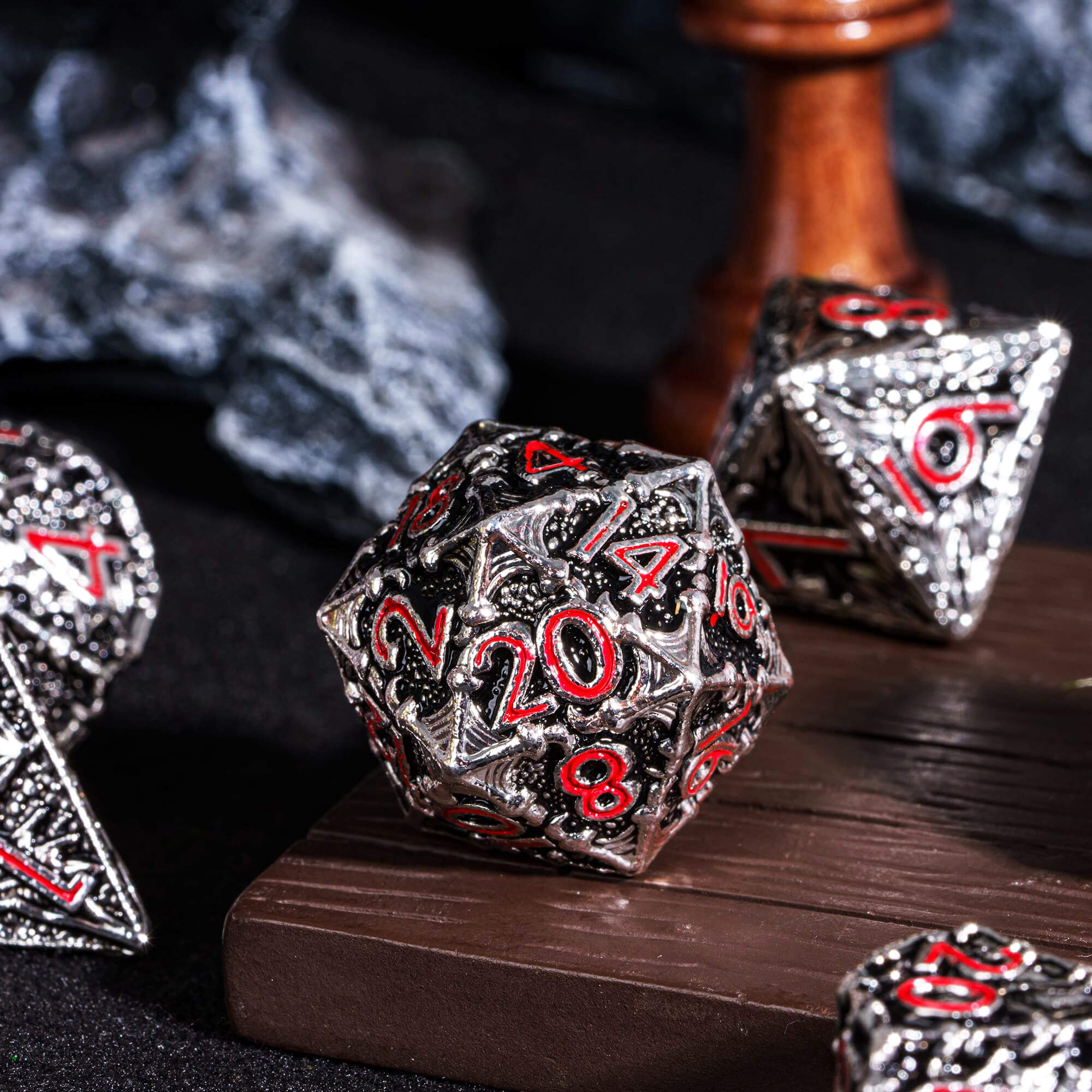 7 Polyhedral Dragon Metal Dice Set DD Black Red - Dice of Dragons