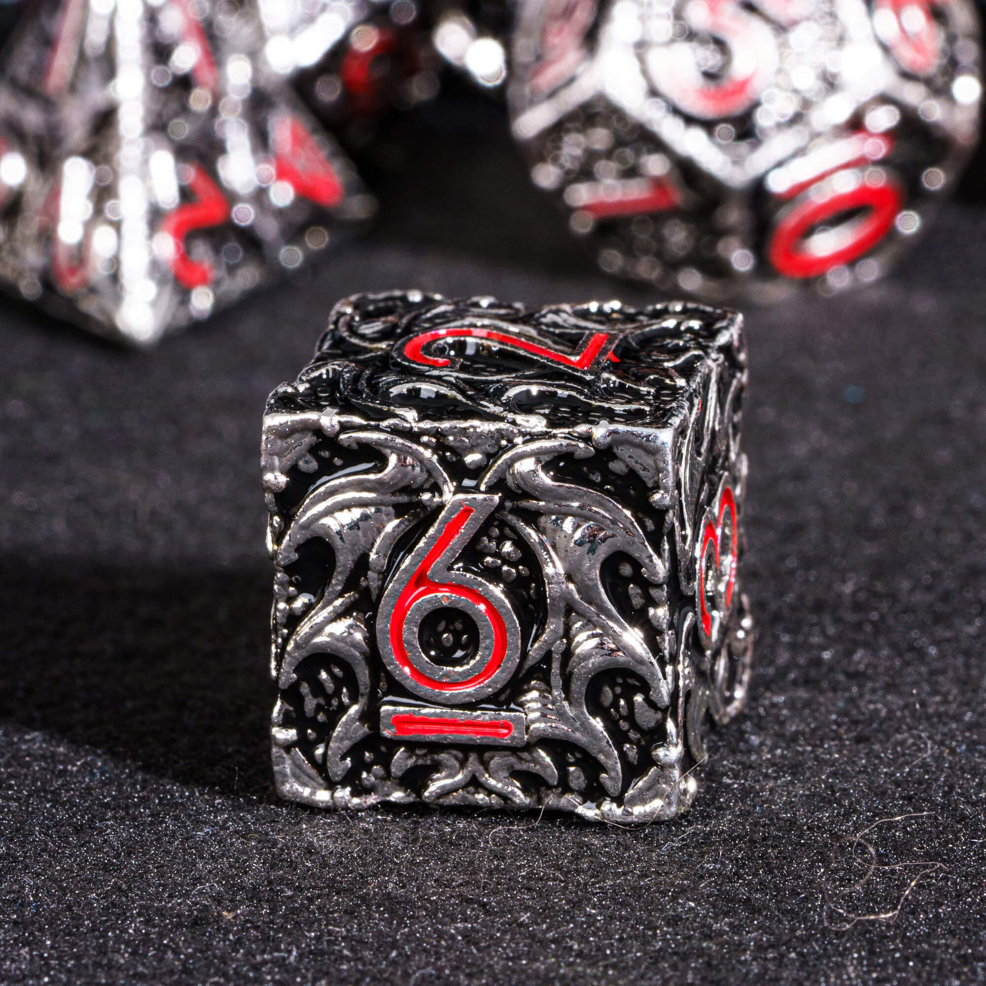 7 Polyhedral Dragon Metal Dice Set DD Black Red - Dice of Dragons