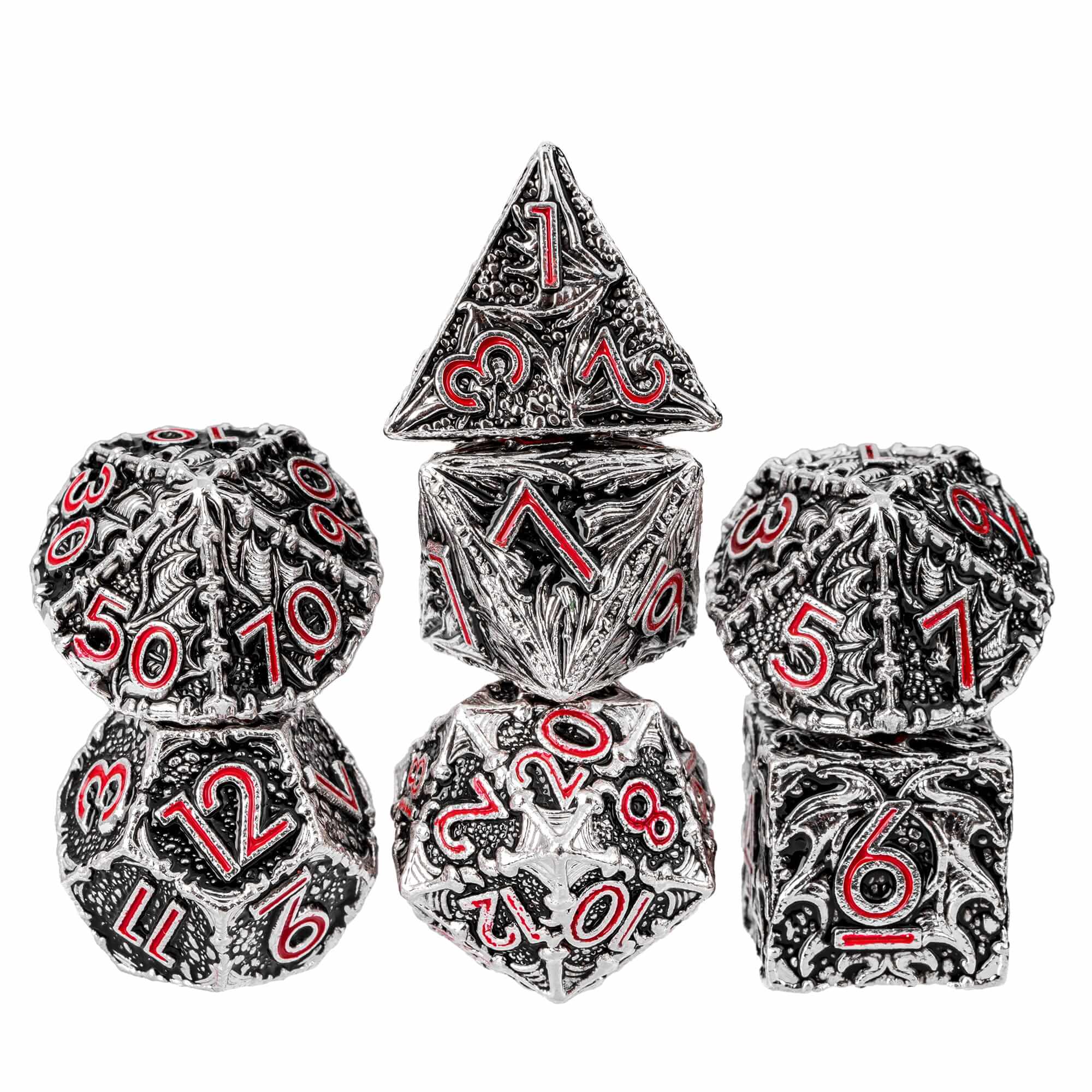 7 Polyhedral Dragon Metal Dice Set DD Black Red - Dice of Dragons