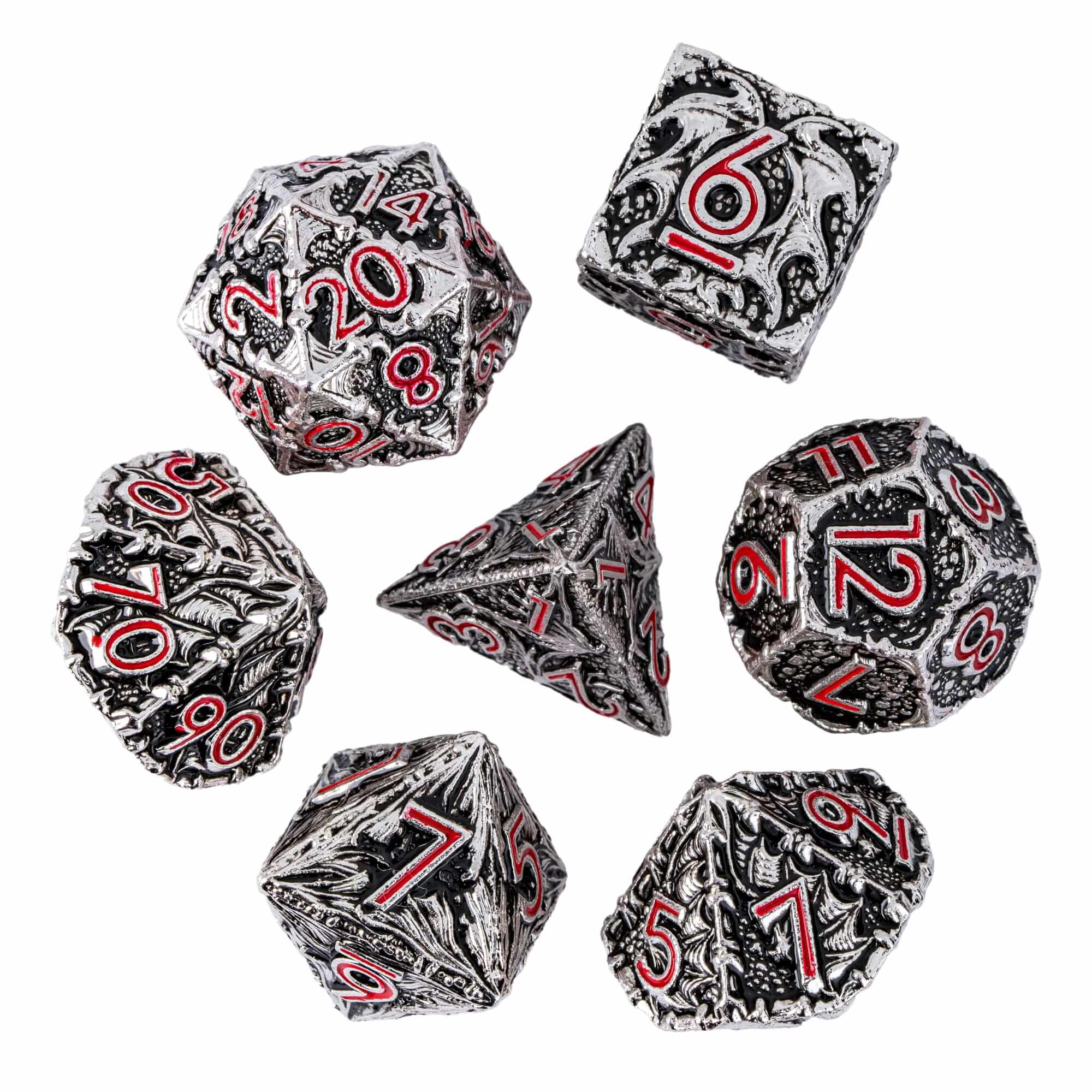 7 Polyhedral Dragon Metal Dice Set DD Black Red - Dice of Dragons