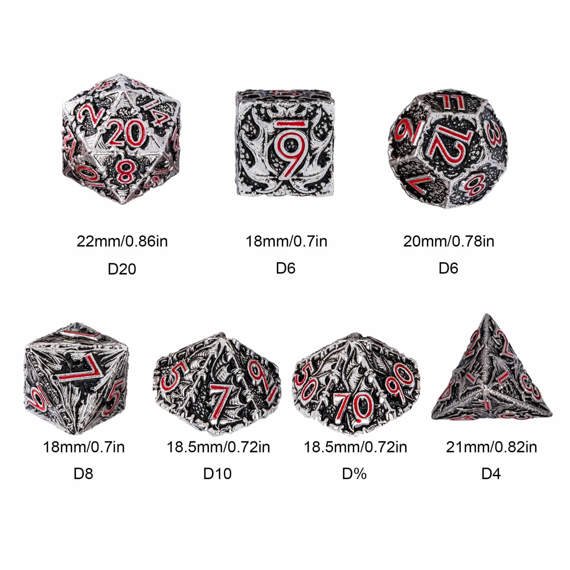 7 Polyhedral Dragon Metal Dice Set DD Black Red - Dice of Dragons