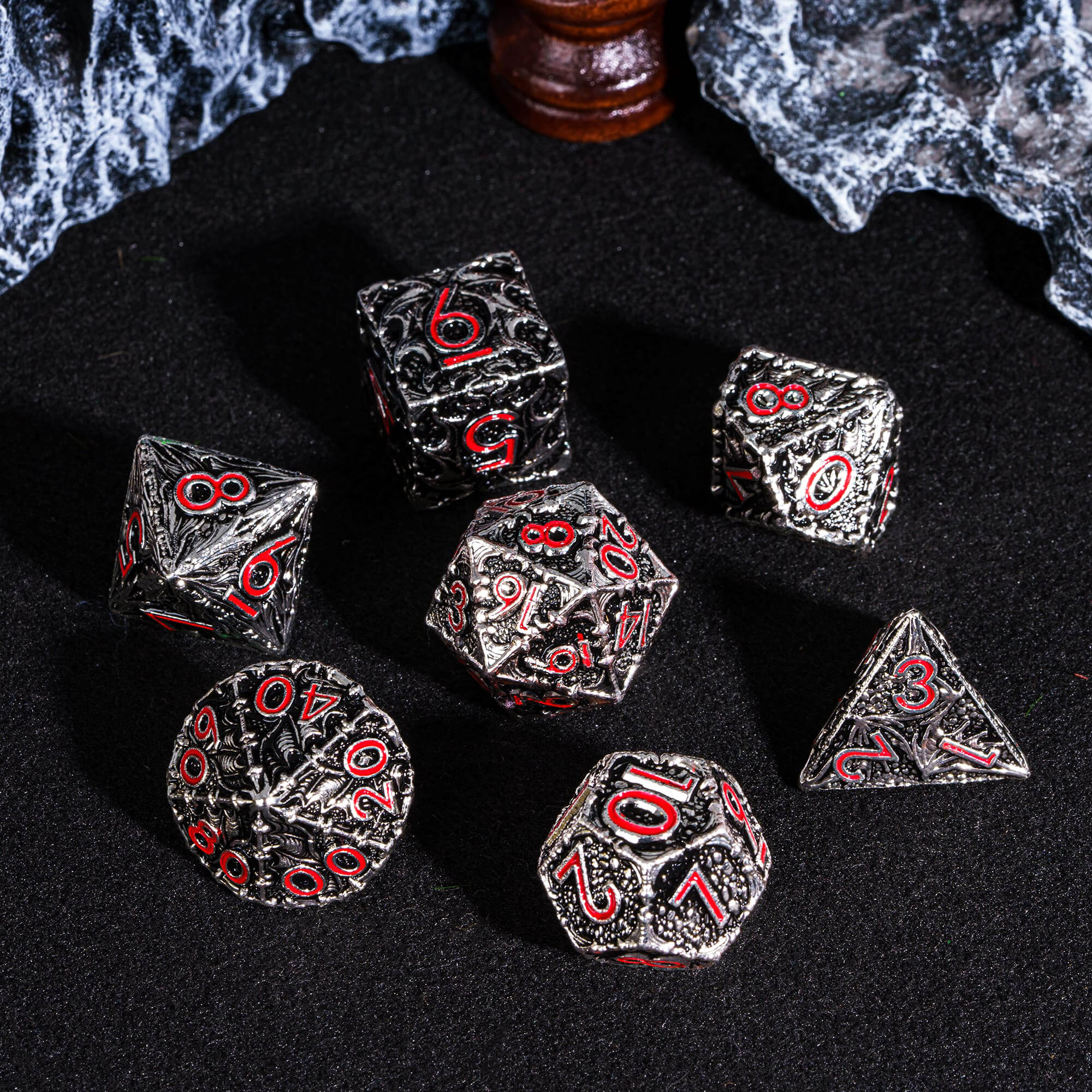 7 Polyhedral Dragon Metal Dice Set DD Black Red - Dice of Dragons