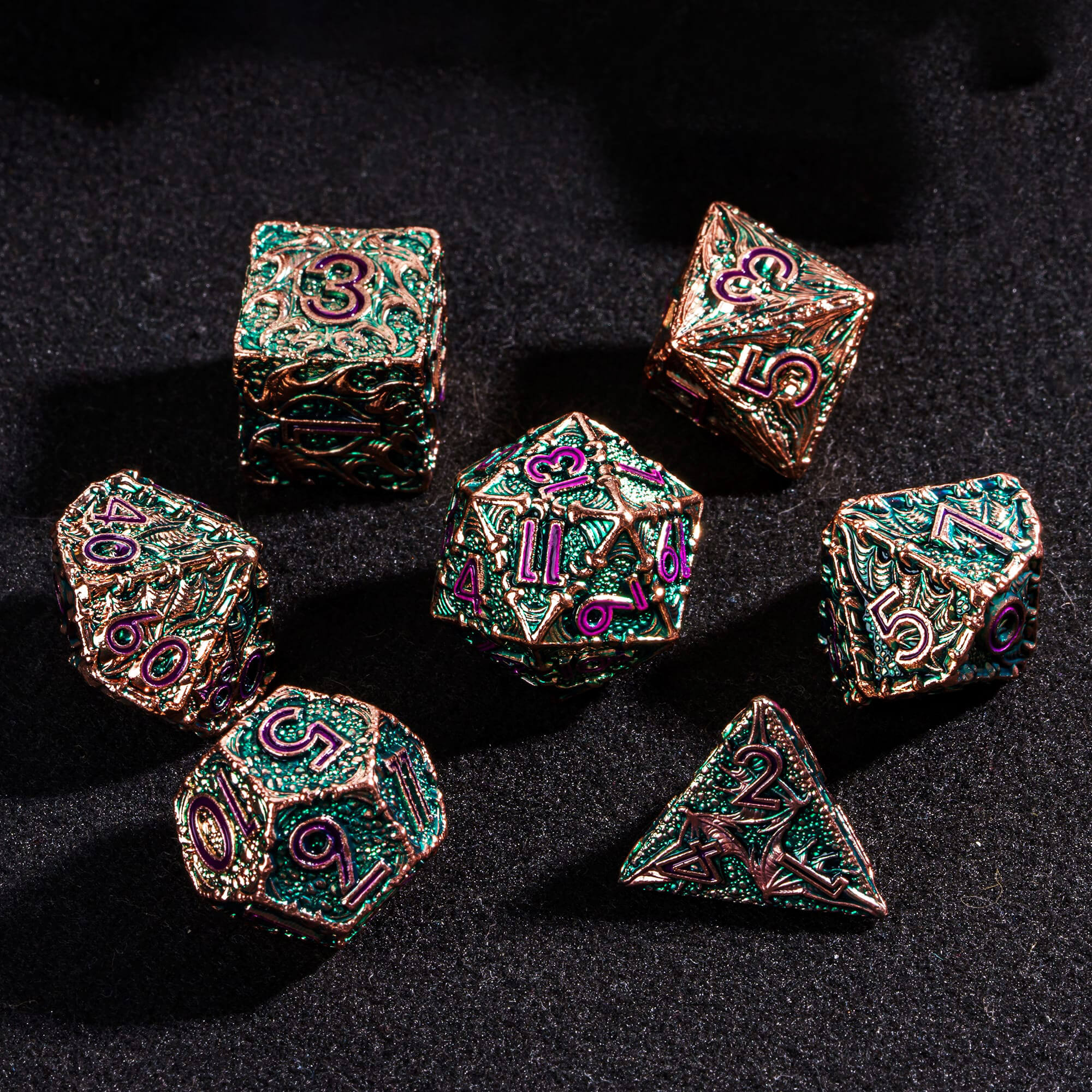 7 Polyhedral Dragon Metal Dice Sets D And D Green Purple - Dice of Dragons