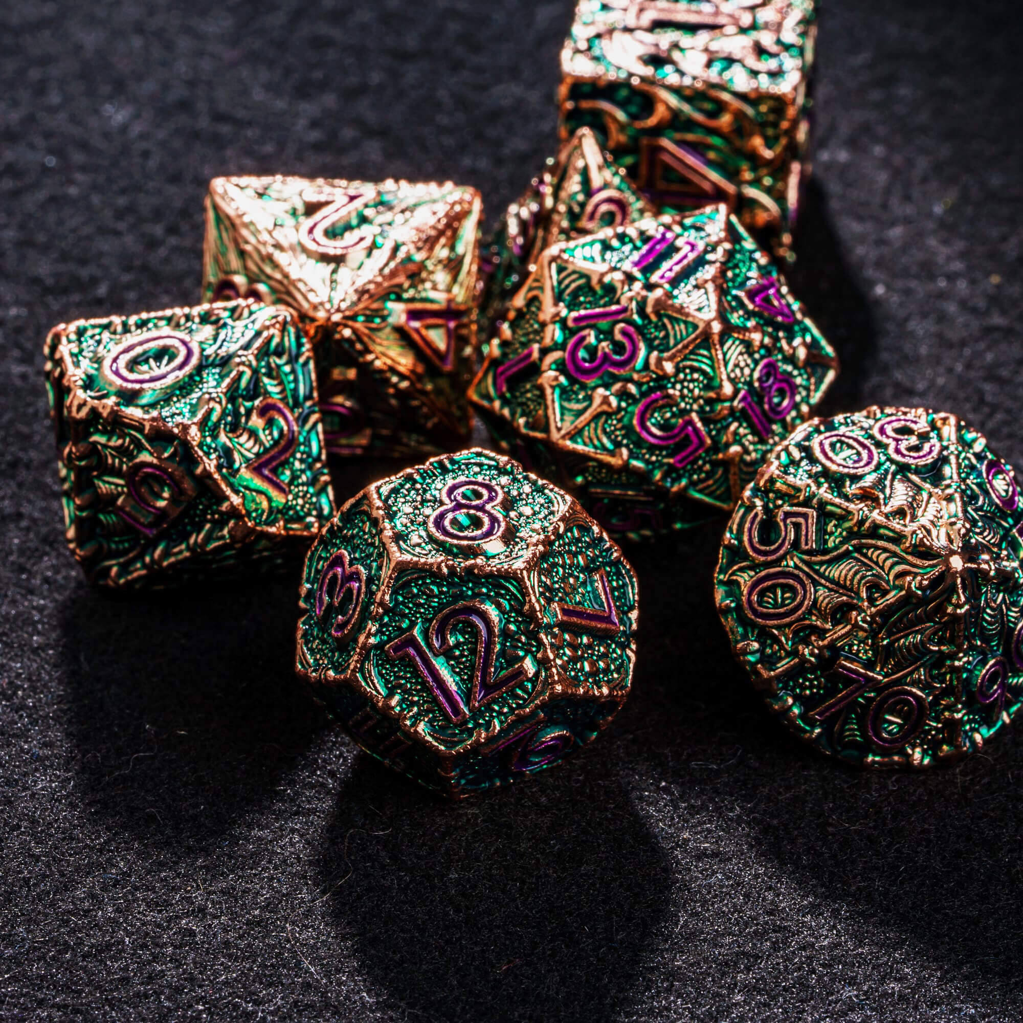 7 Polyhedral Dragon Metal Dice Sets D And D Green Purple - Dice of Dragons