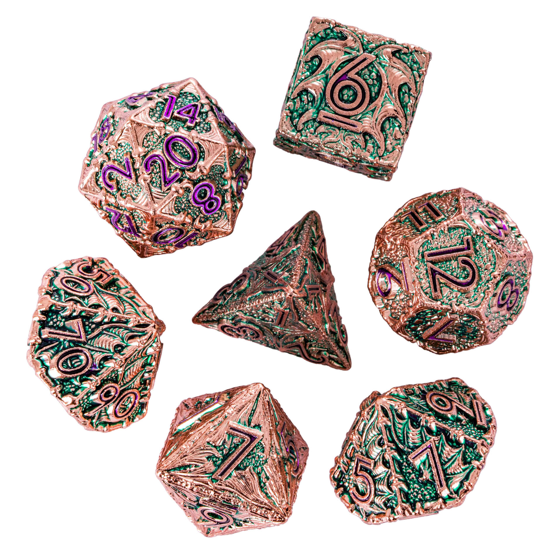 7 Polyhedral Dragon Metal Dice Sets D And D Green Purple - Dice of Dragons