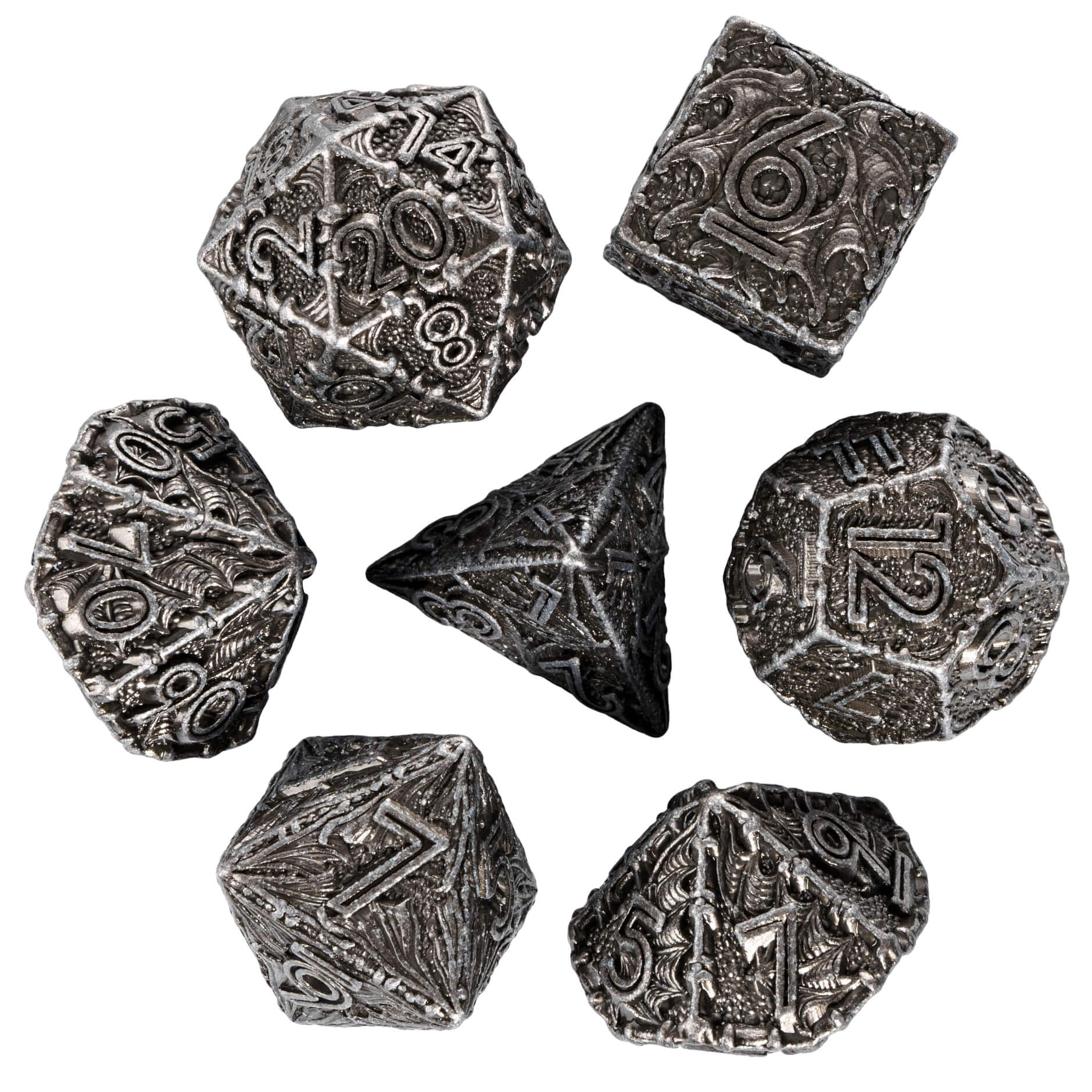 7 Polyhedral Dragon Metal Dice Sets DnD Nickel - Dice of Dragons