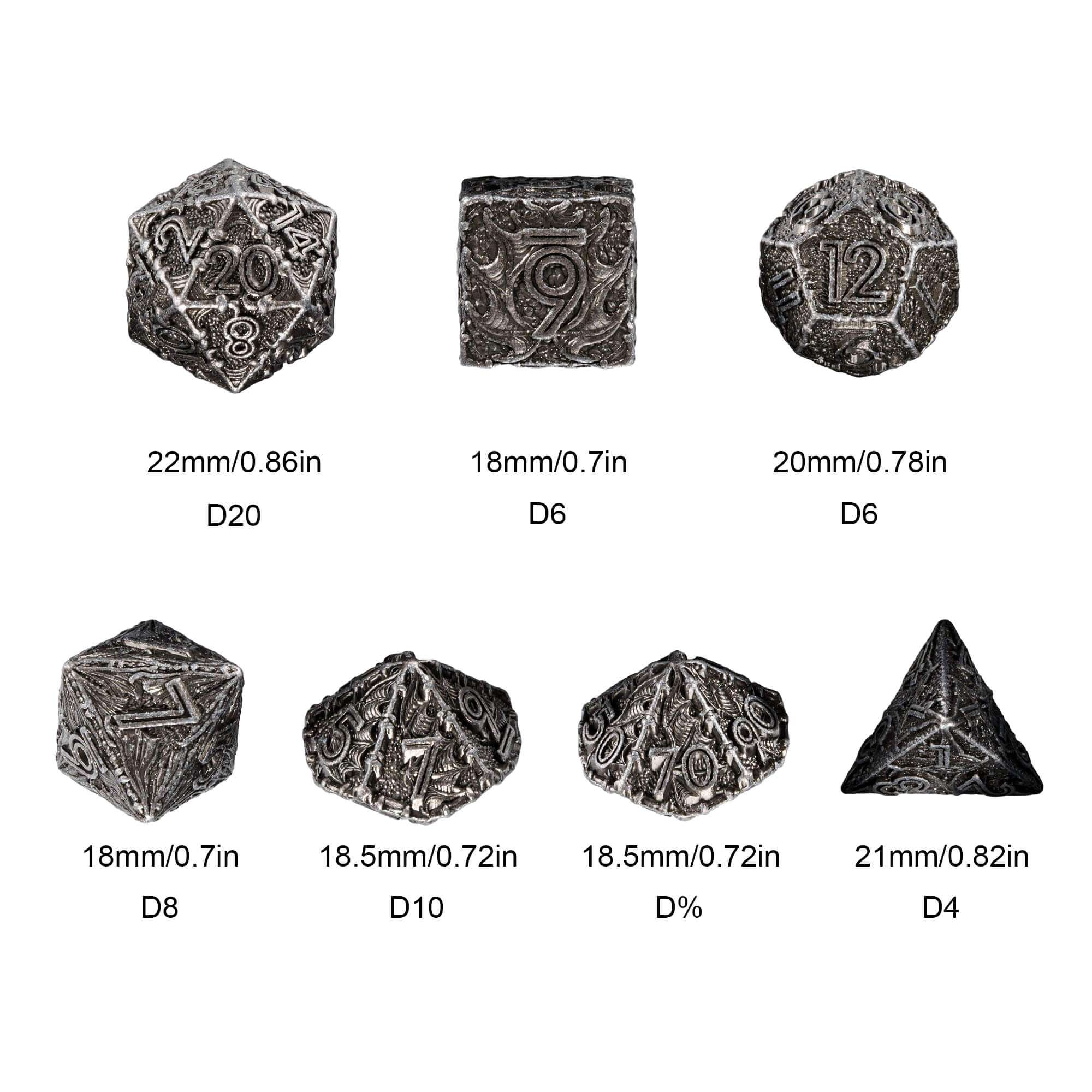 7 Polyhedral Dragon Metal Dice Sets DnD Nickel - Dice of Dragons