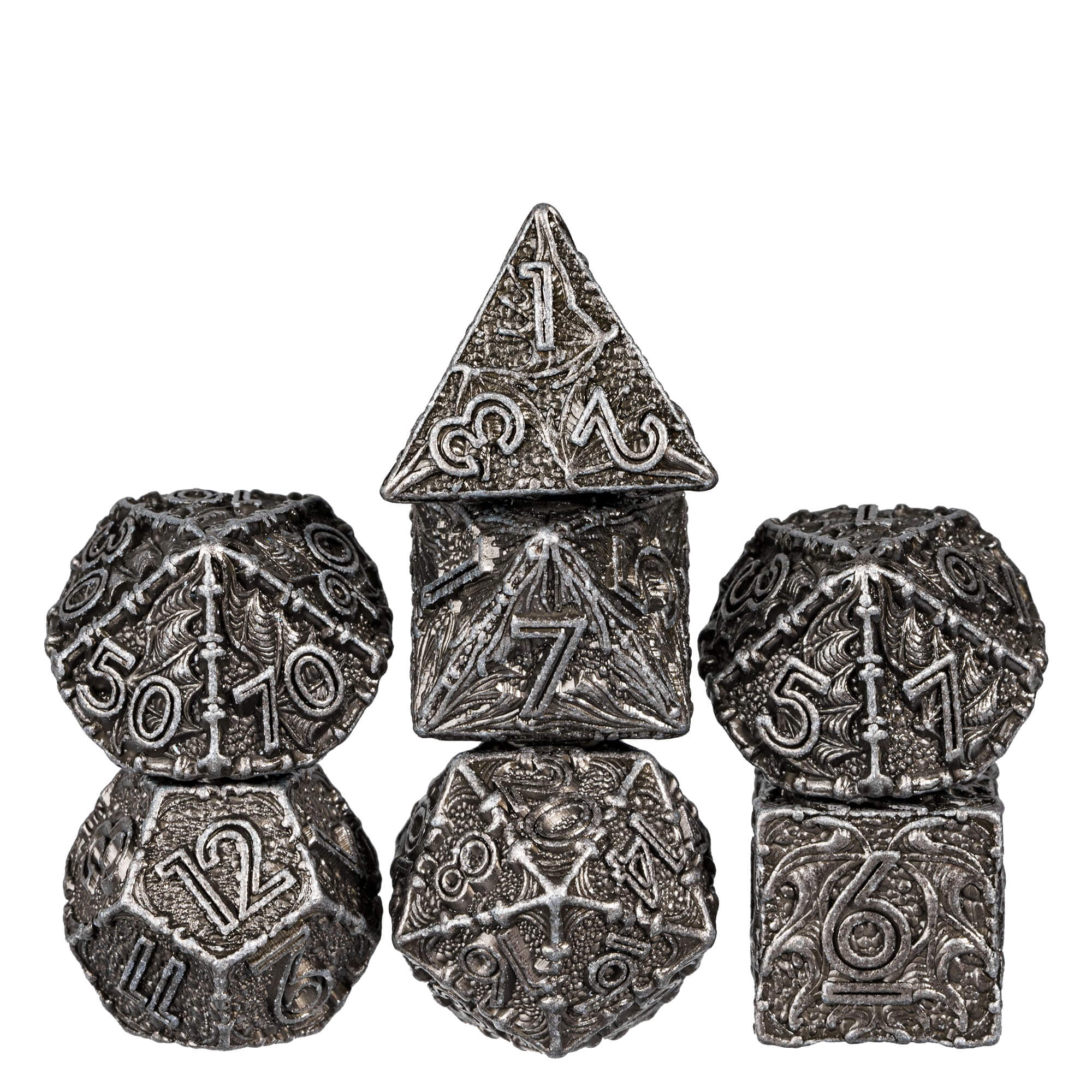 7 Polyhedral Dragon Metal Dice Sets DnD Nickel - Dice of Dragons