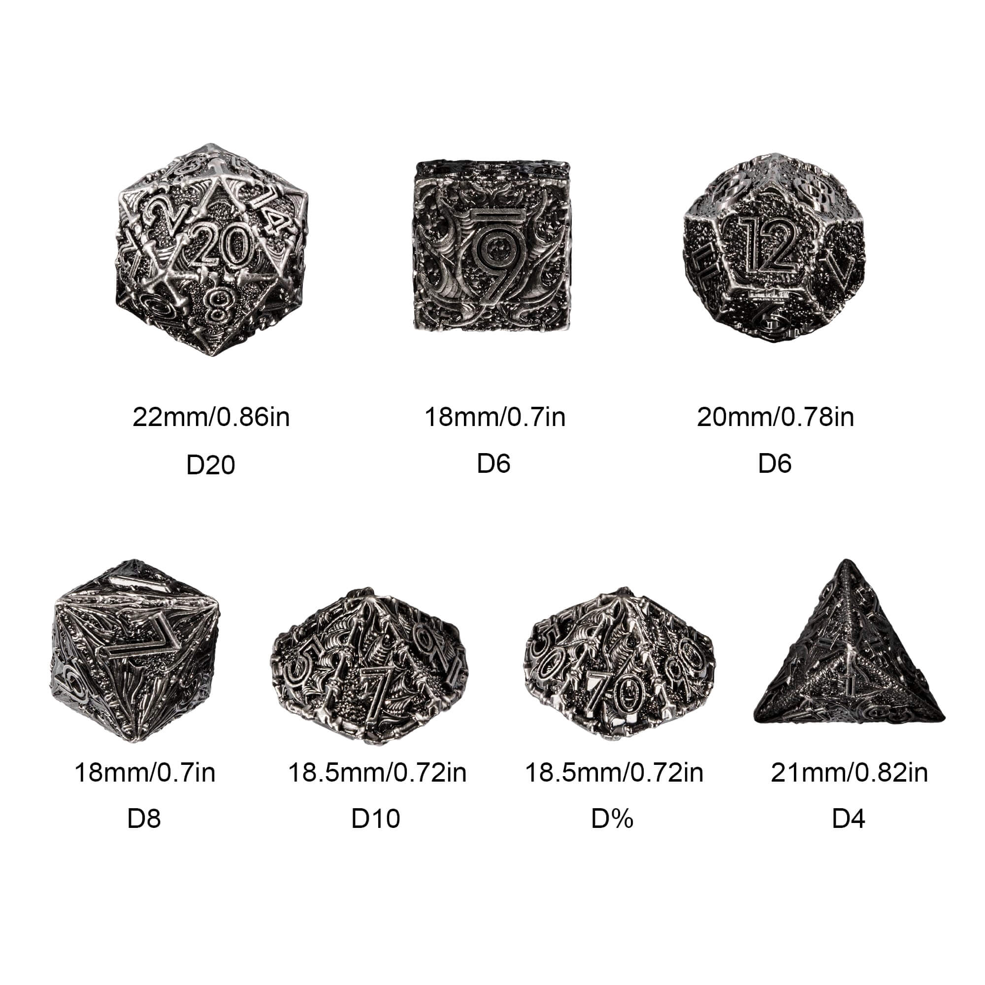 7 Polyhedral Dragon Metal D&D Dice Set Nickel - Dice of Dragons