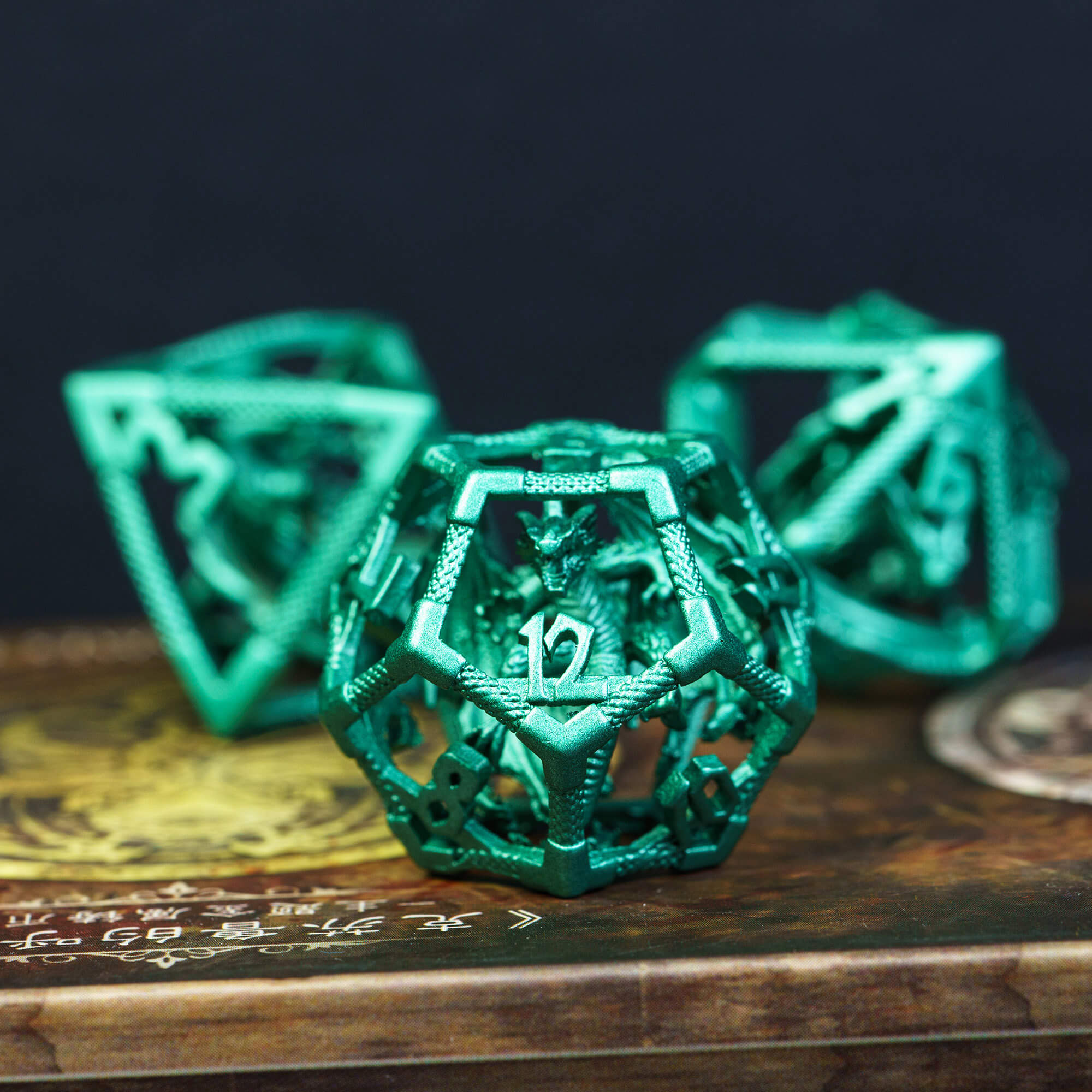 7 Polyhedral Dragon Metal Hollow Dice Sets DnD Green - Dice of Dragons