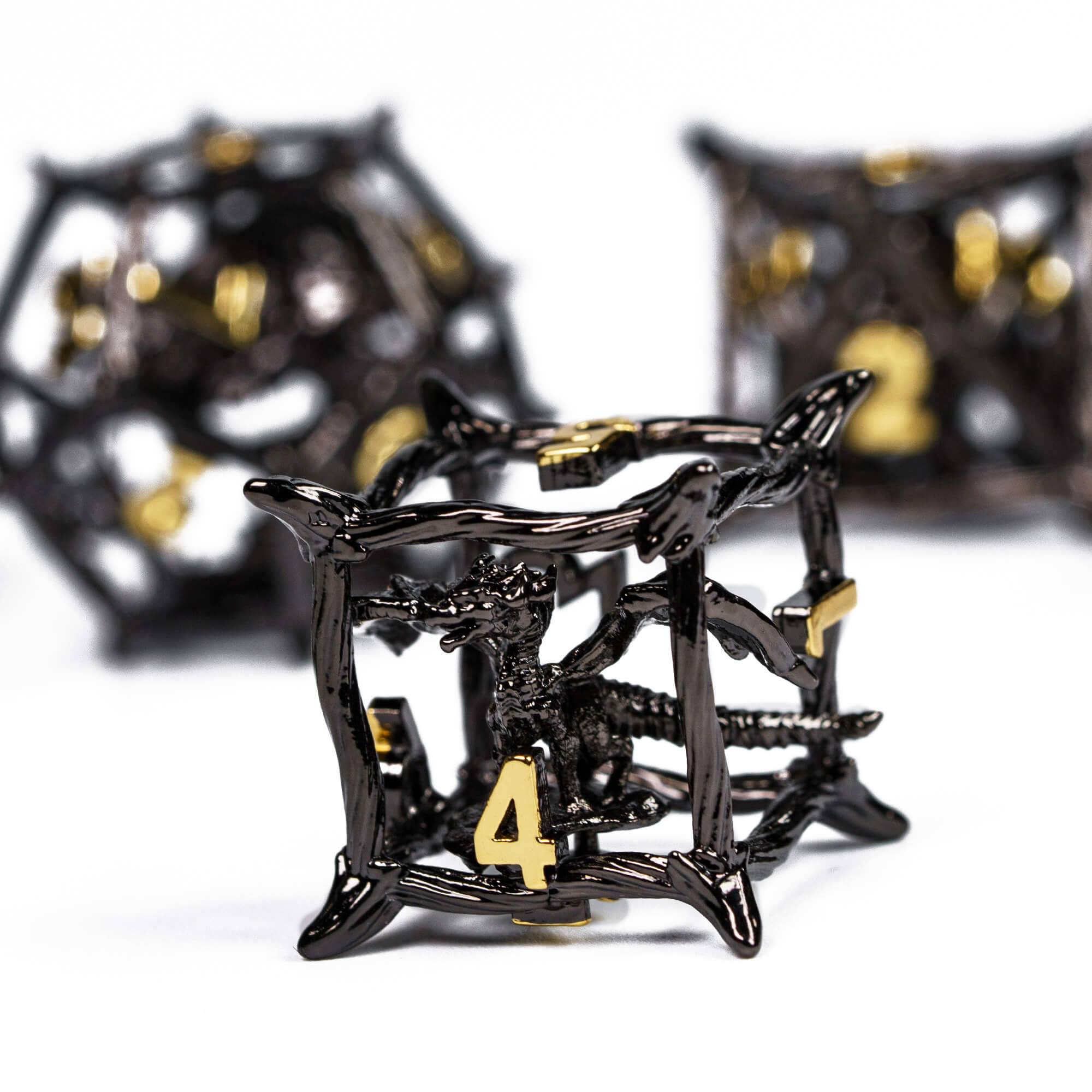 7 Polyhedral Dragon Metal Hollow Dice Sets D And D Black Gold - Dice of Dragons