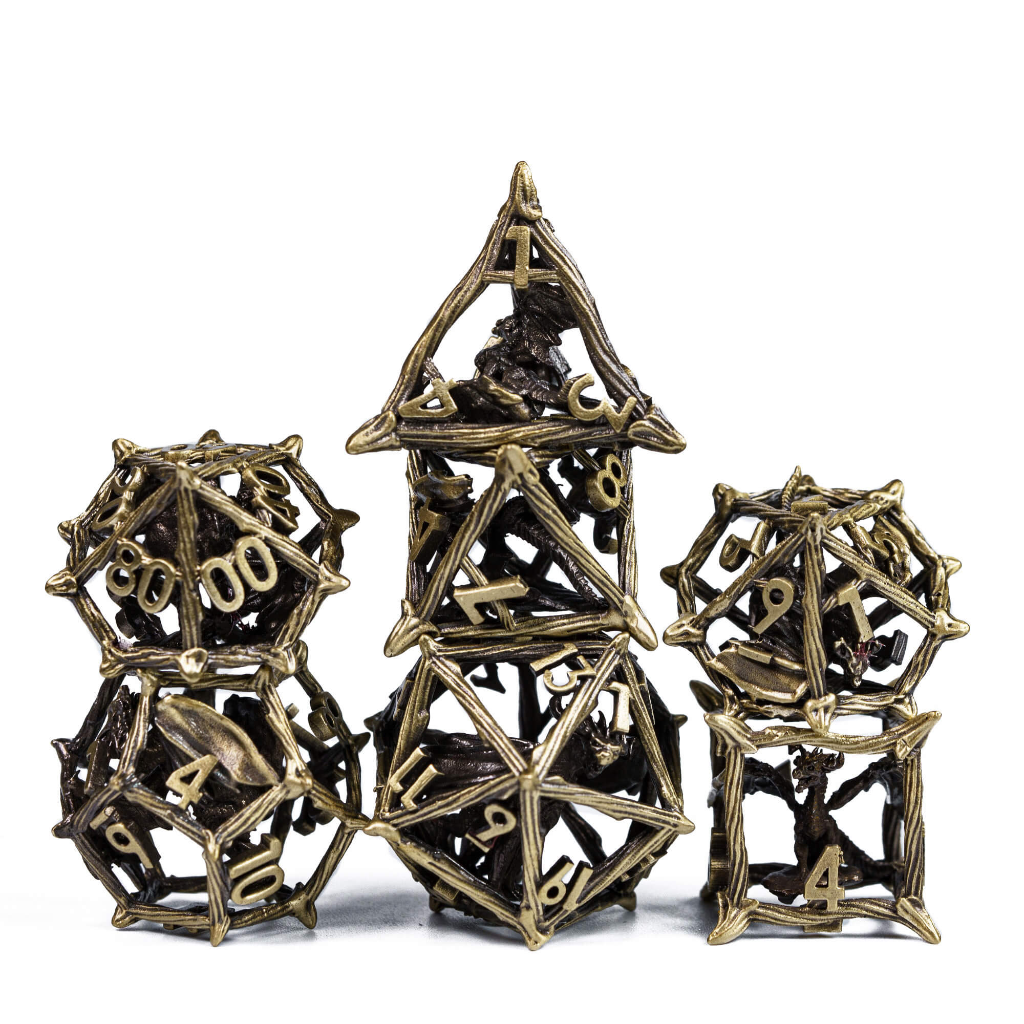 7 Polyhedral Dragon Metal Hollow Dice Set DD Bronze - Dice of Dragons