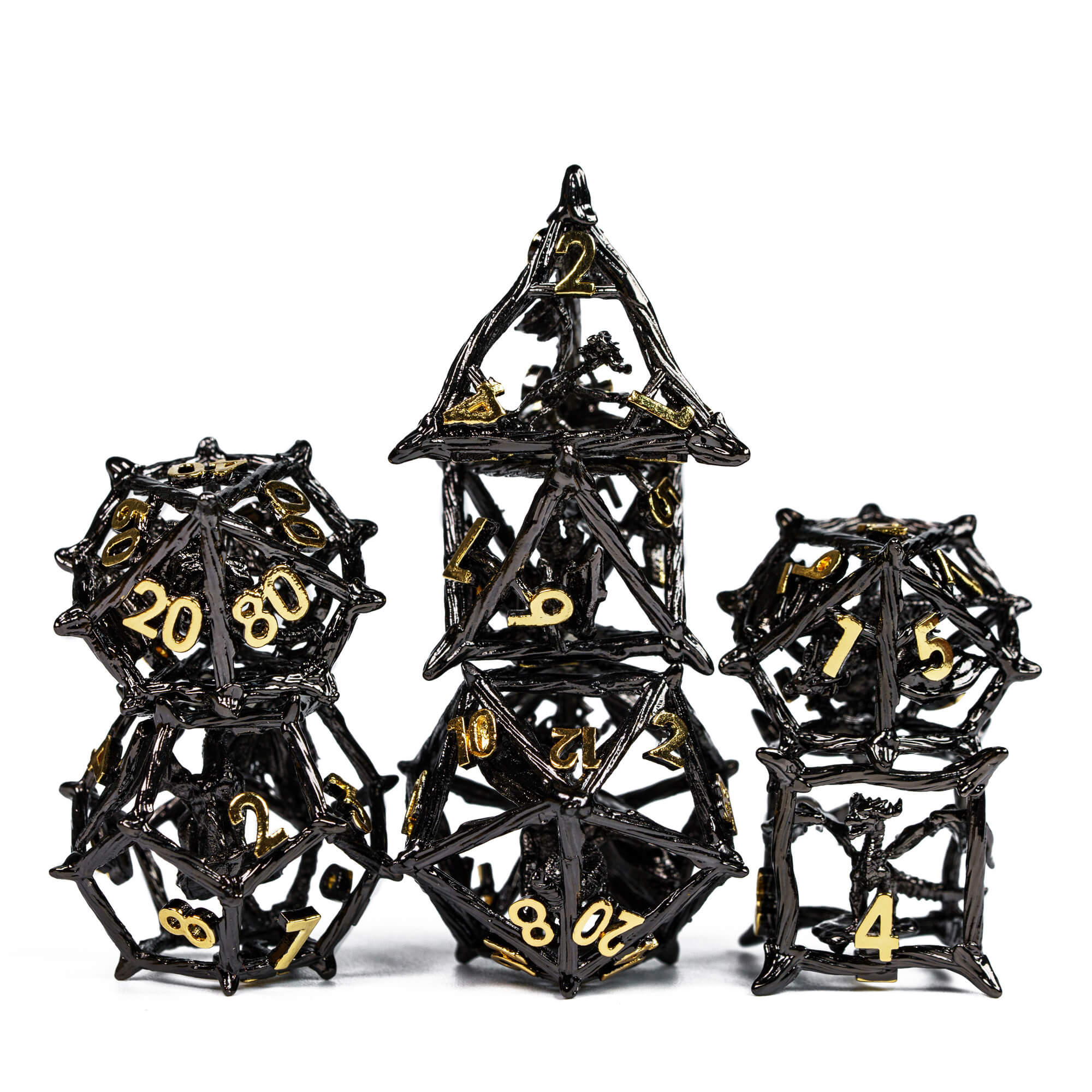 7 Polyhedral Dragon Metal Hollow Dice Sets D And D Black Gold - Dice of Dragons