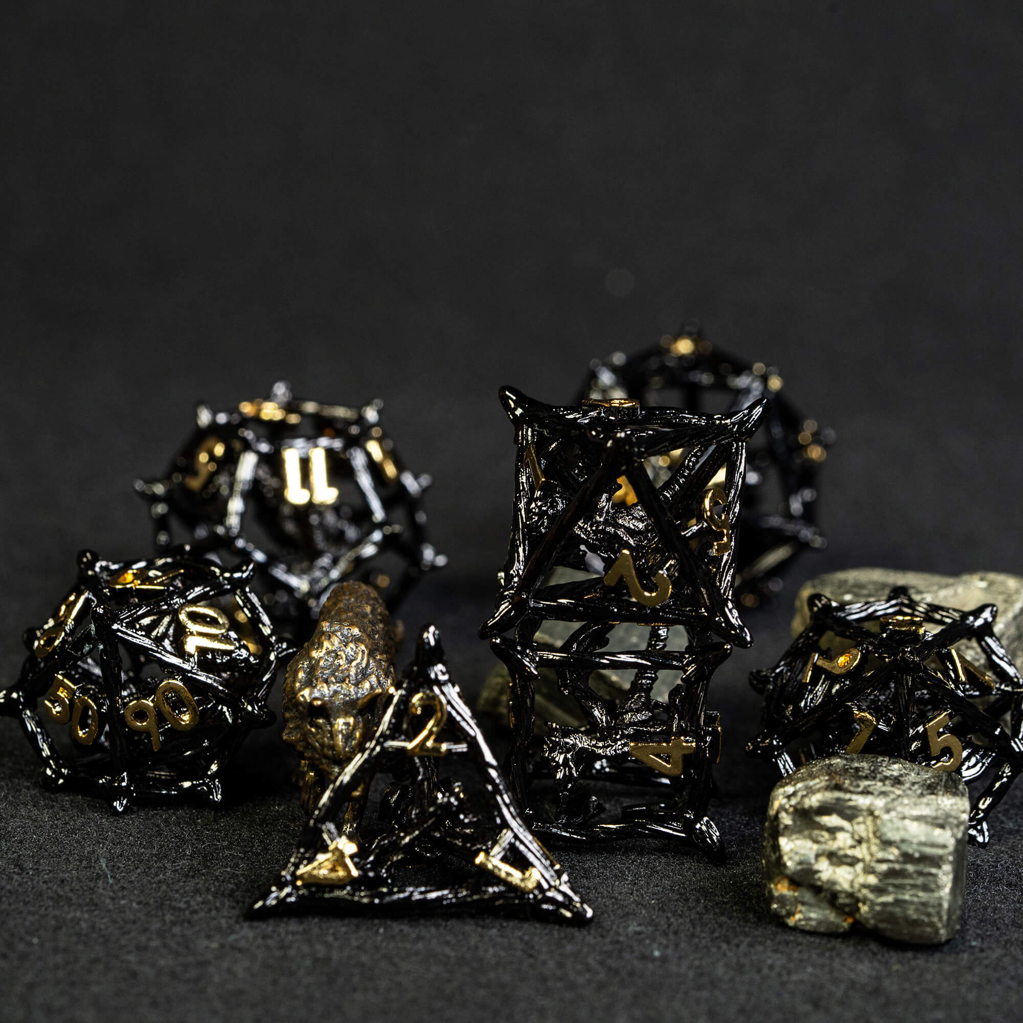 7 Polyhedral Dragon Metal Hollow Dice Sets D And D Black Gold - Dice of Dragons