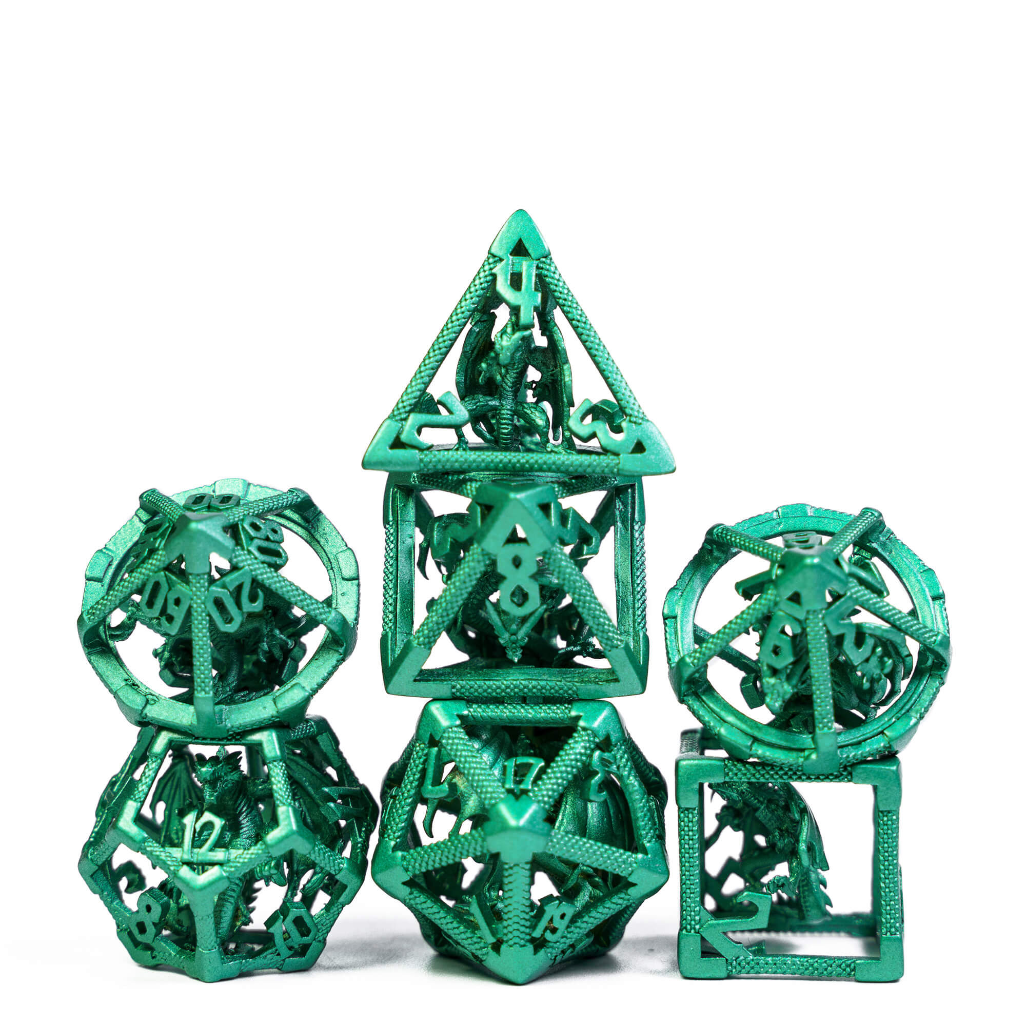 7 Polyhedral Dragon Metal Hollow Dice Sets DnD Green - Dice of Dragons