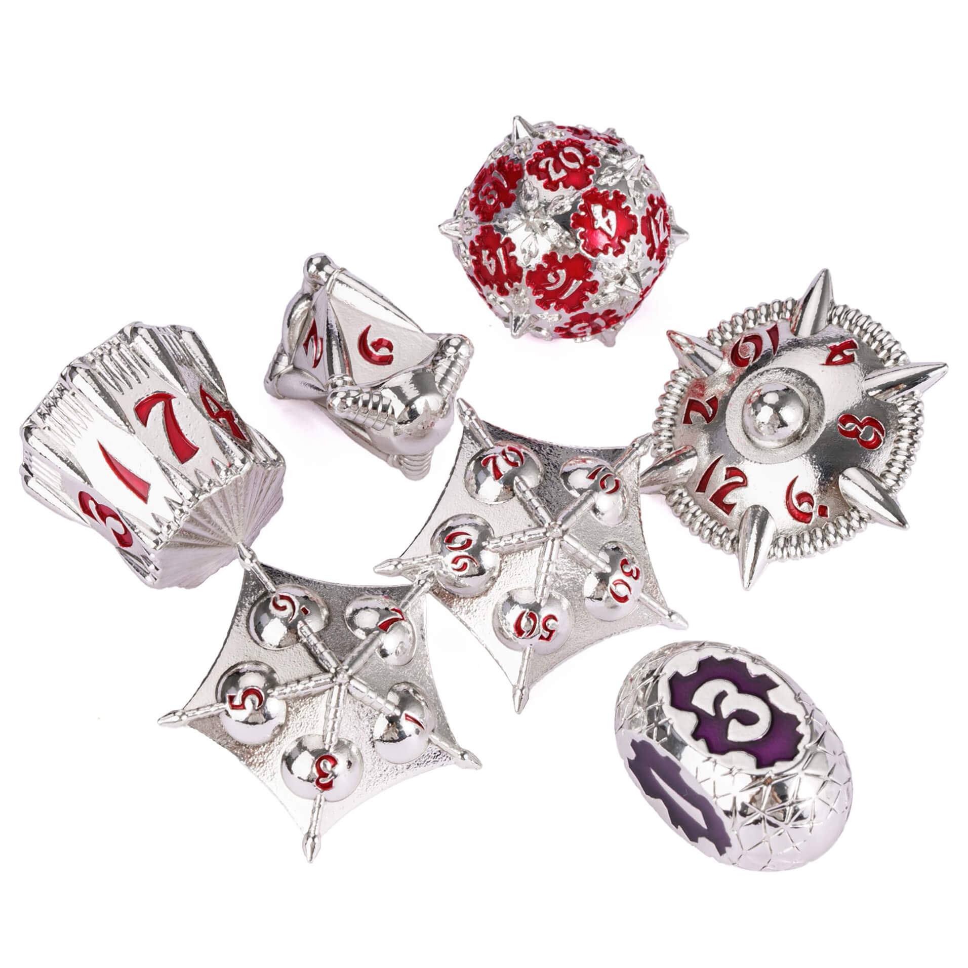 7 Polyhedral Dragon Set Metal DD Dice Sets Silver Red - Dice of Dragons