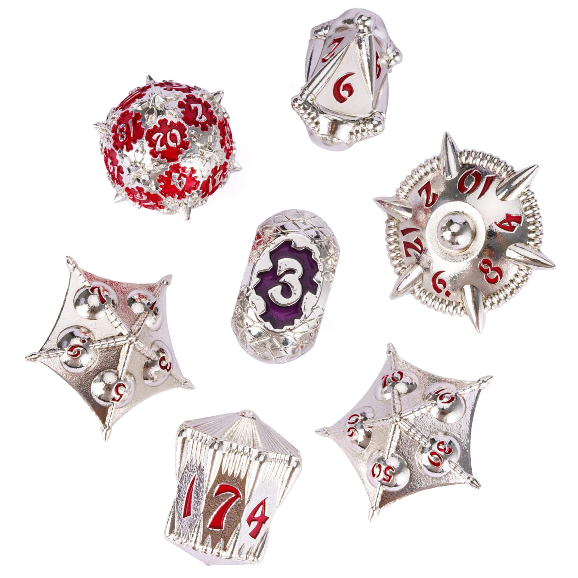 7 Polyhedral Dragon Set Metal DD Dice Sets Silver Red - Dice of Dragons