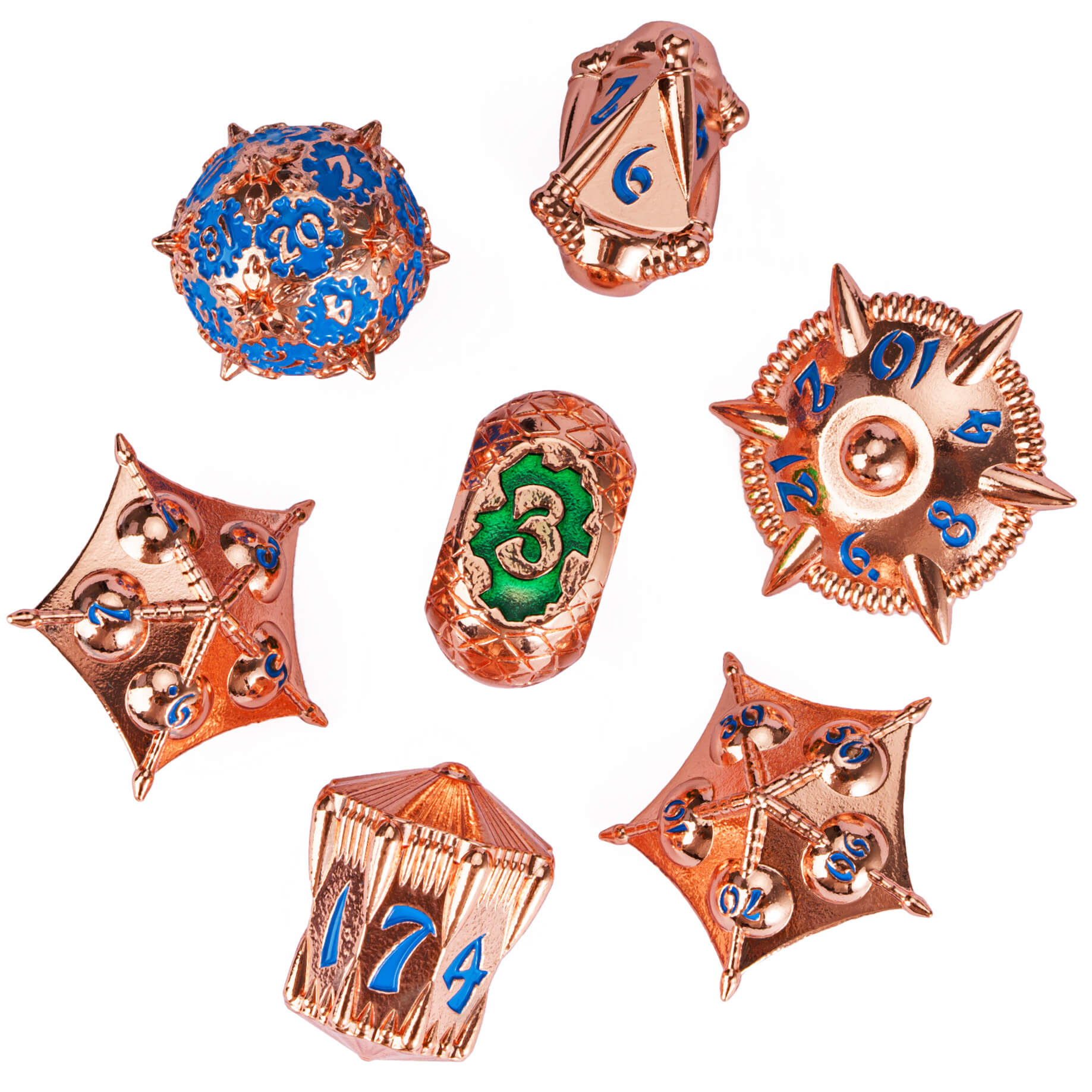 7 Polyhedral Dragon Set Metal Dice Set DD Red Copper Blue - Dice of Dragons