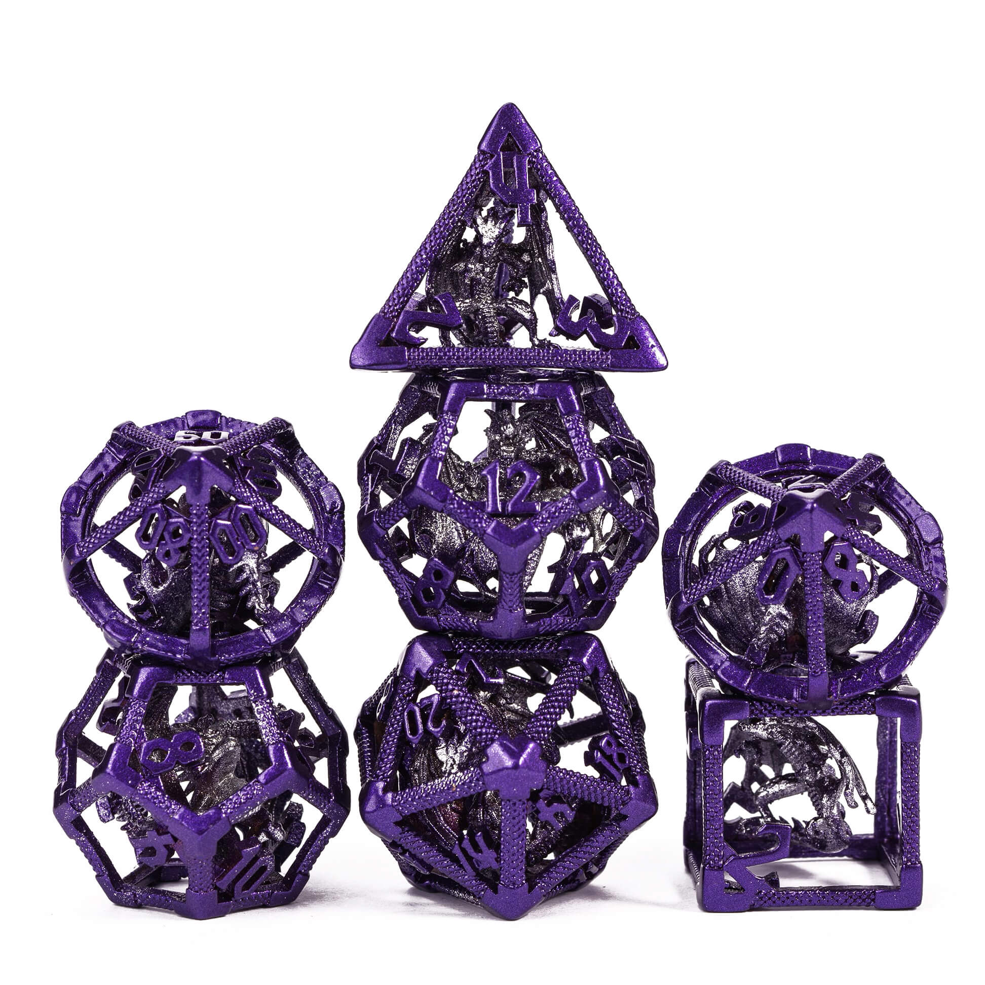 7 Polyhedral Hollow Metal Dragon DD Dice Sets Purple - Dice of Dragons