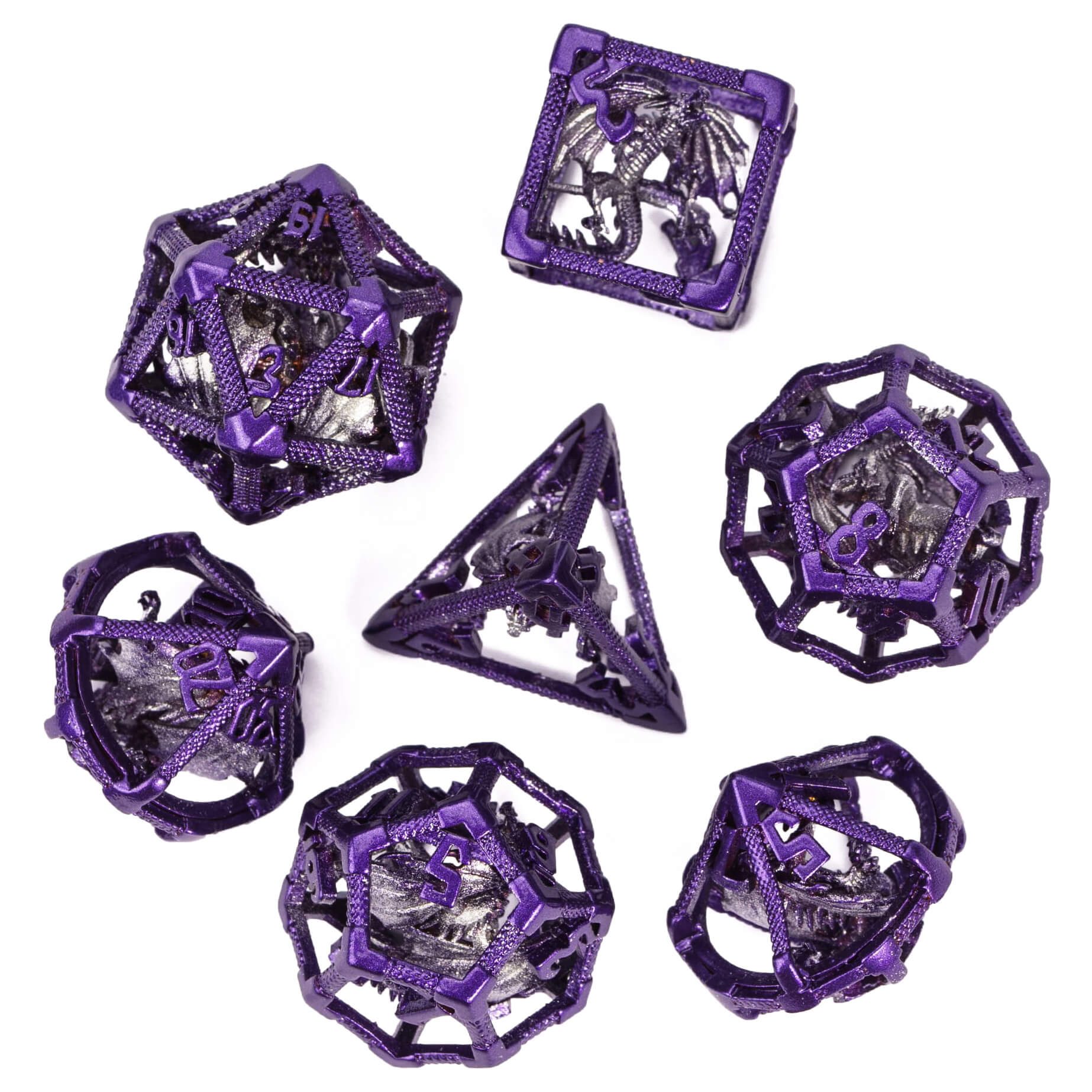 7 Polyhedral Hollow Metal Dragon DD Dice Sets Purple - Dice of Dragons